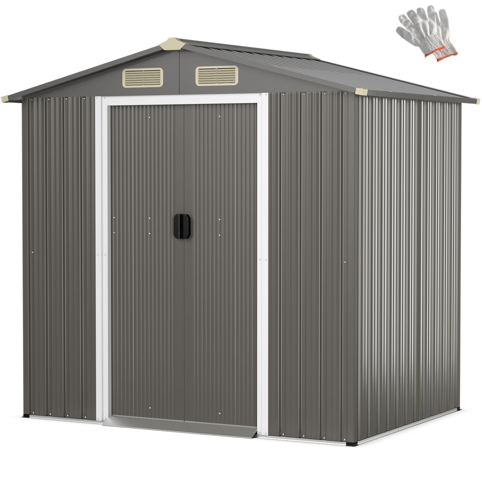 GiantexUK 6x4FT/8x4FT/8x6FT Metal Garden Shed, Outdoor Galvanized Storage House with 4 Air Vents & Lockable Sliding Doors, Slope Roof Utility Shed Building for Backyard Garage (6x4FT, Light Grey)