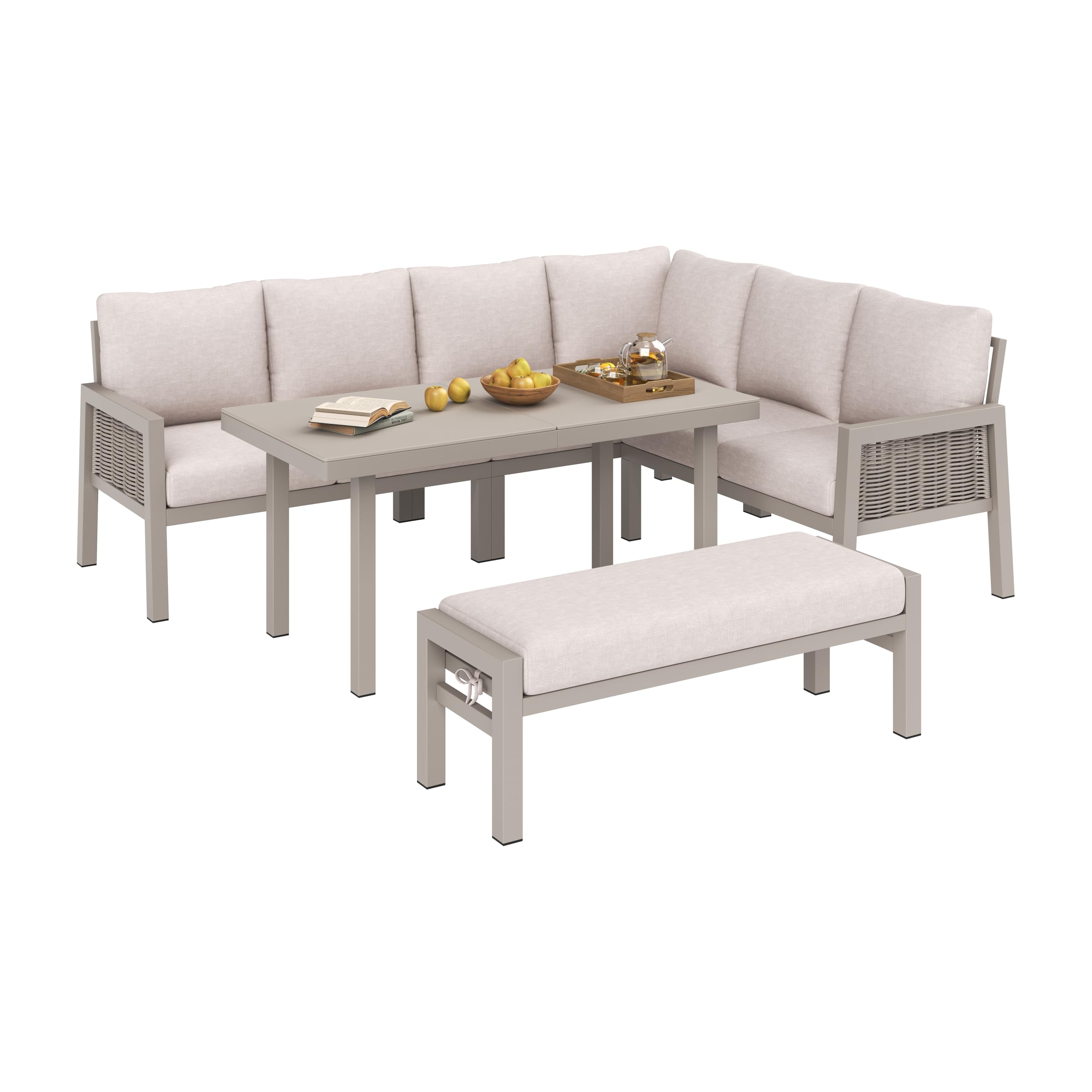 Conjunto de Comedor de jardín para 8 Personas, salón de Esquina y Banco con Mesa, Juego de Muebles de jardín para Exteriores, Trenzado de Polietileno, Acero galvanizado Rosa Claro