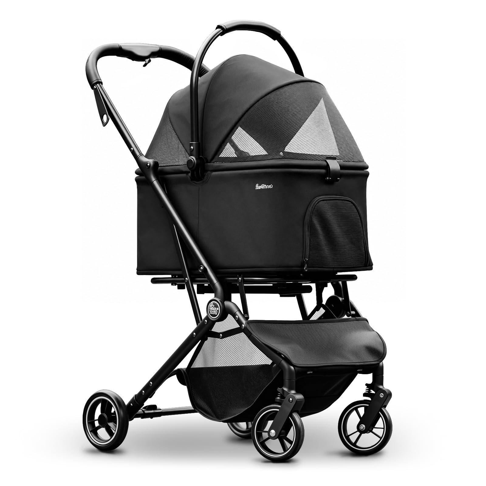 Pawccoli 4 Wheels Pet Stroller, Dog Stroller for Small/Medium Dogs and Cats up to 33 lbs, One-Click Fold & Draggable, Removable Carrier, Zipperless Entry, Mesh Windows, Black