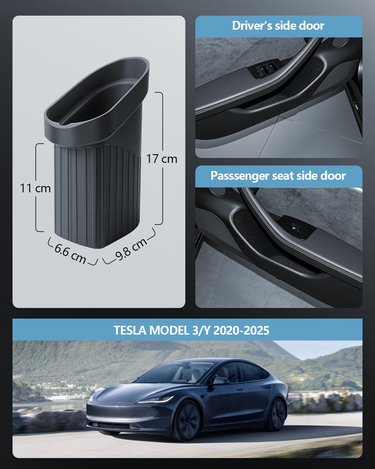 SKTU 1 cubo de basura para Tesla Model Y Juniper, caja de almacenamiento de silicona para Tesla 3 Highland 2020-2025, cesta para almacenamiento de ranuras de puerta, contenedor de residuos para Tesla