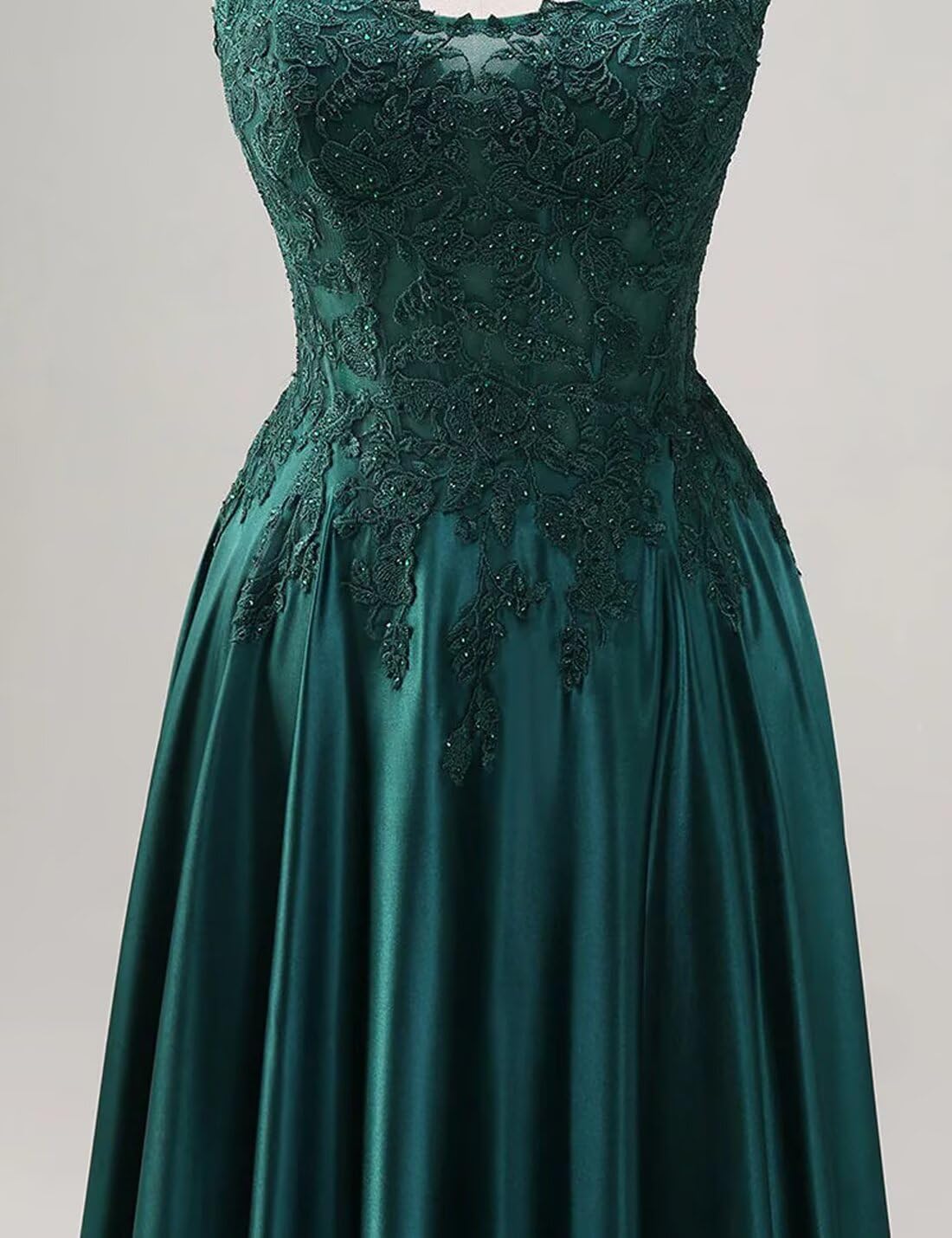 Lace Appliques Prom Dress for Women Spaghetti Straps Satin Beaded Formal Dress Long A-Line Evening Party Ball Gown