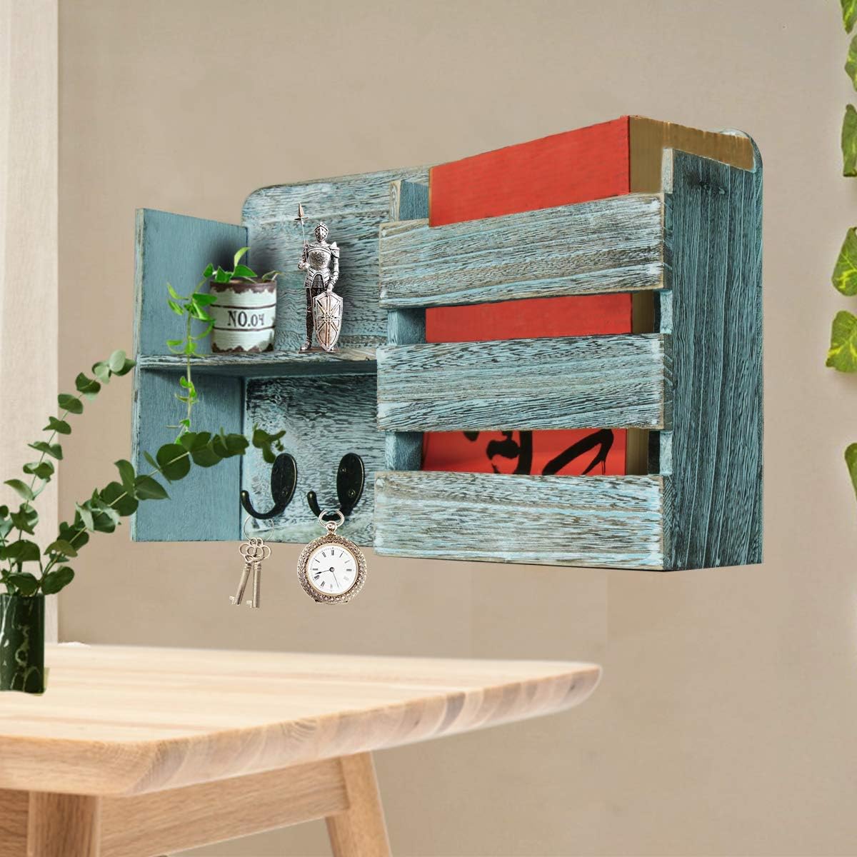 Honest Torched Wood Rustic Wall Mounted Key & Mail Holder,Organizer with 3 Key Hooks Shelf for Entryway or Mud Room Holds Documents, Bills, Letters, Keys(Rustic Blue)