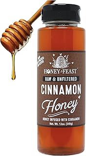 HONEY FEAST Organic Cinnamon Honey - Raw and Cold Packed - 12 Ounces - Small Batch Beekeeper Honey