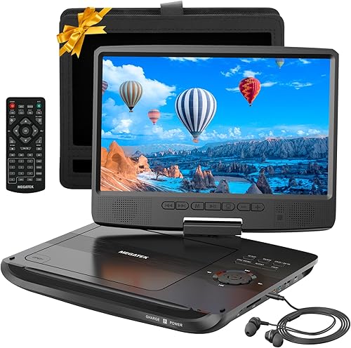 MEGATEK Reproductor de DVD portátil de 12.5 pulgadas con pantalla de 10.5 pulgadas y auriculares, reproductor de DVD de coche para niños con soporte