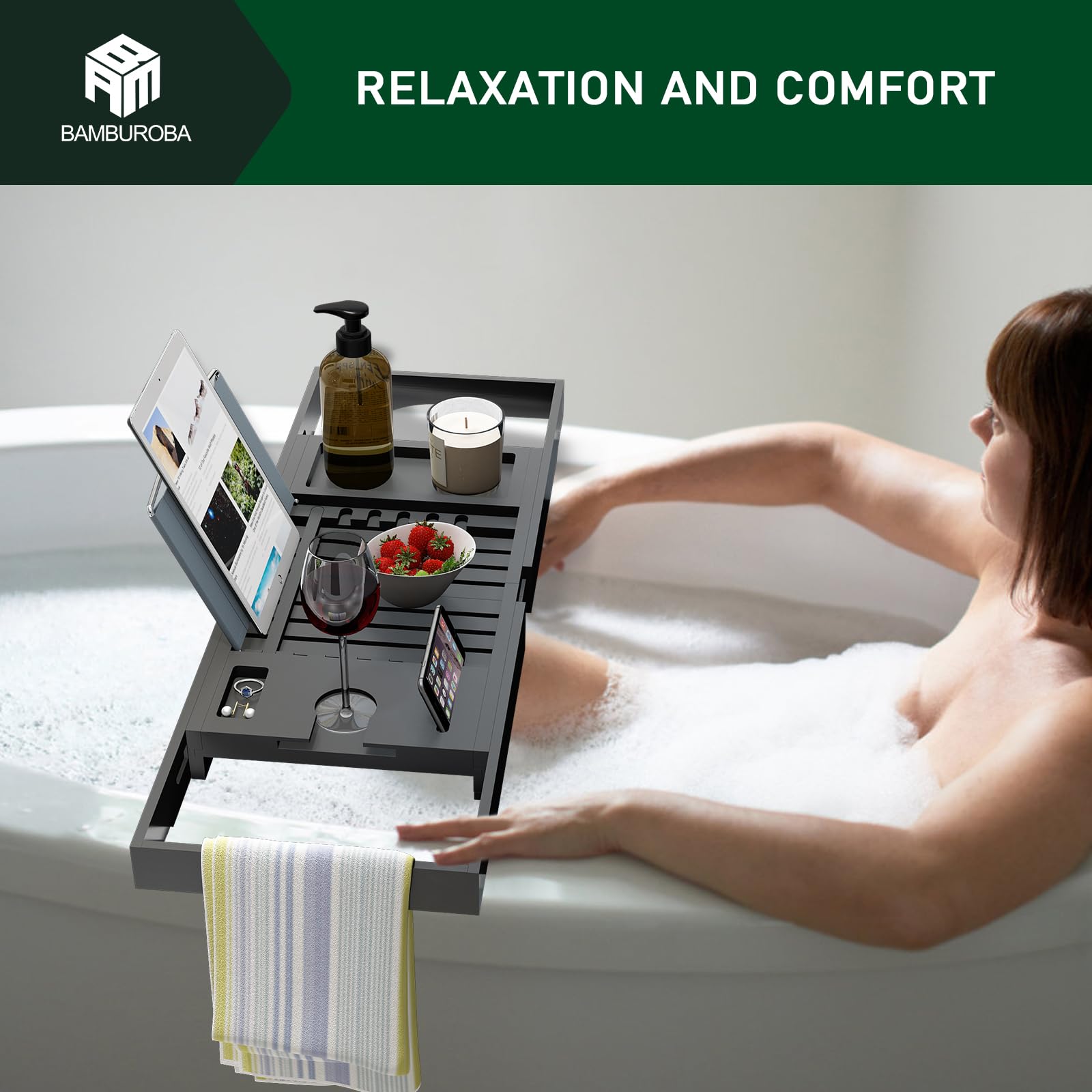 Bandeja plegable de bambú expandible para baño de lujo, accesorios de baño y mesa con soporte para copas de vino, soporte para libros, organizador de baño con lados extensibles para hombres y mujeres