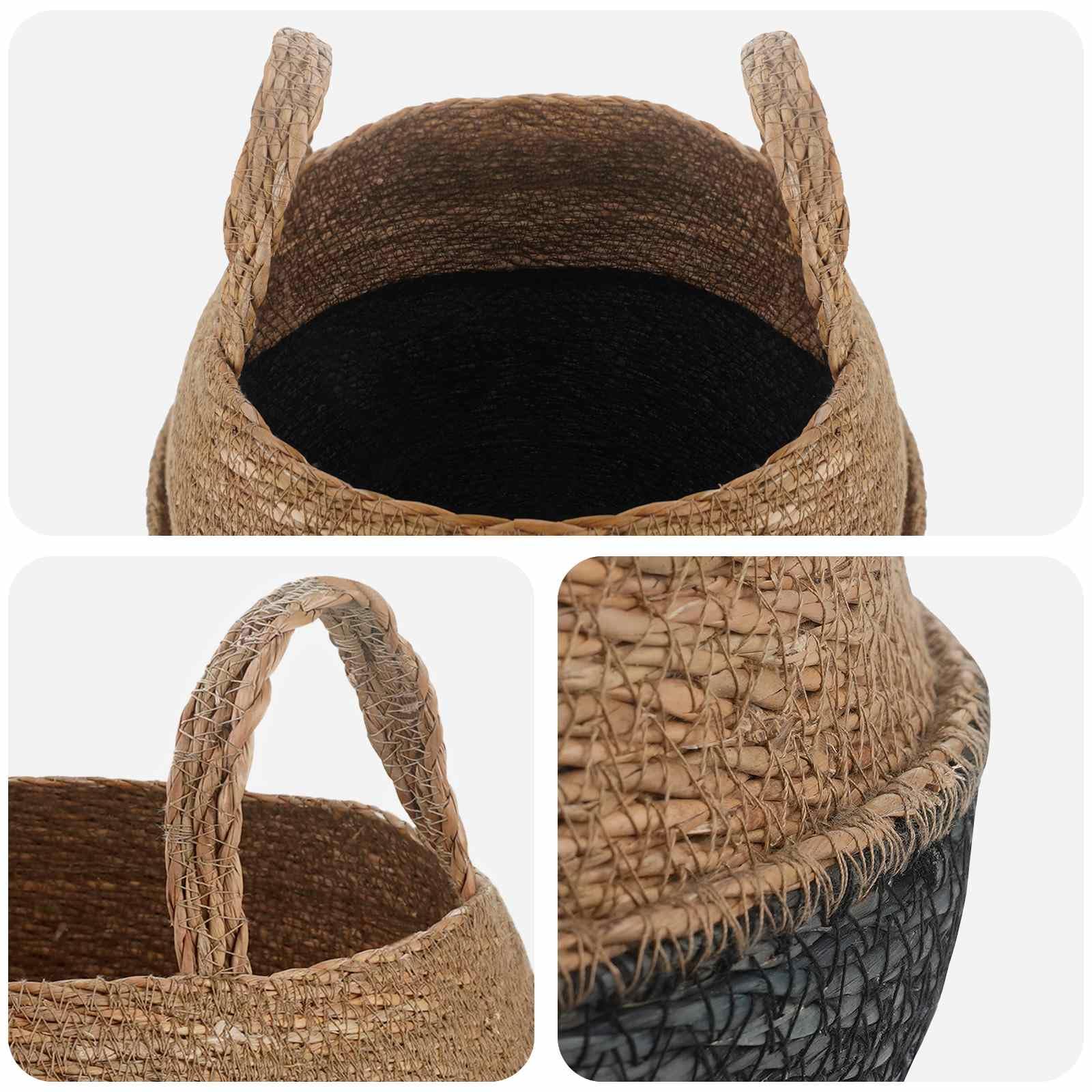 Schwarzer Pflanzenkübel mit Griffen aus 100% Seegras Ø 32 x 32 cm, geflochtener Look für Indoor und Outdoor, Blumen Topf für Balkon Terrasse Fensterbank Garten