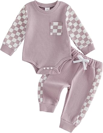 Newborn Baby Boy Girl Clothes Checkered Plaid Long Sleeve Waffle Knit Romper Pants Set 2 Piece Fall Winter Outfits