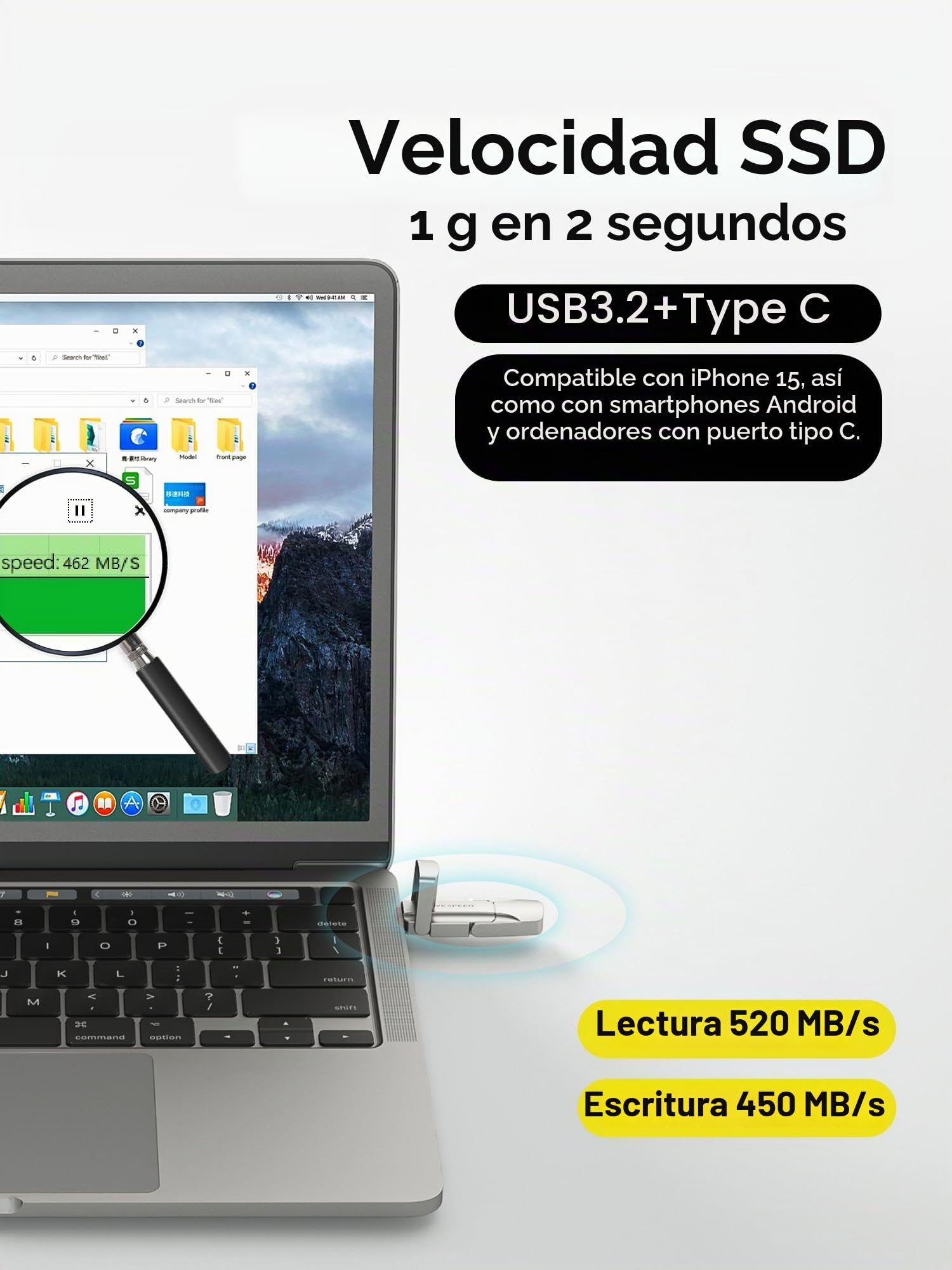 MOVE SPEED USB C Pendrive 128 GB – Disco Duro Externo SSD de Alta Velocidad 400 MB/s, Dual Tipo-C + USB 3.2 Gen2, Memoria Externa OTG Compatible con Smartphones, iPhone 15, MacBook, laptops y Tablets
