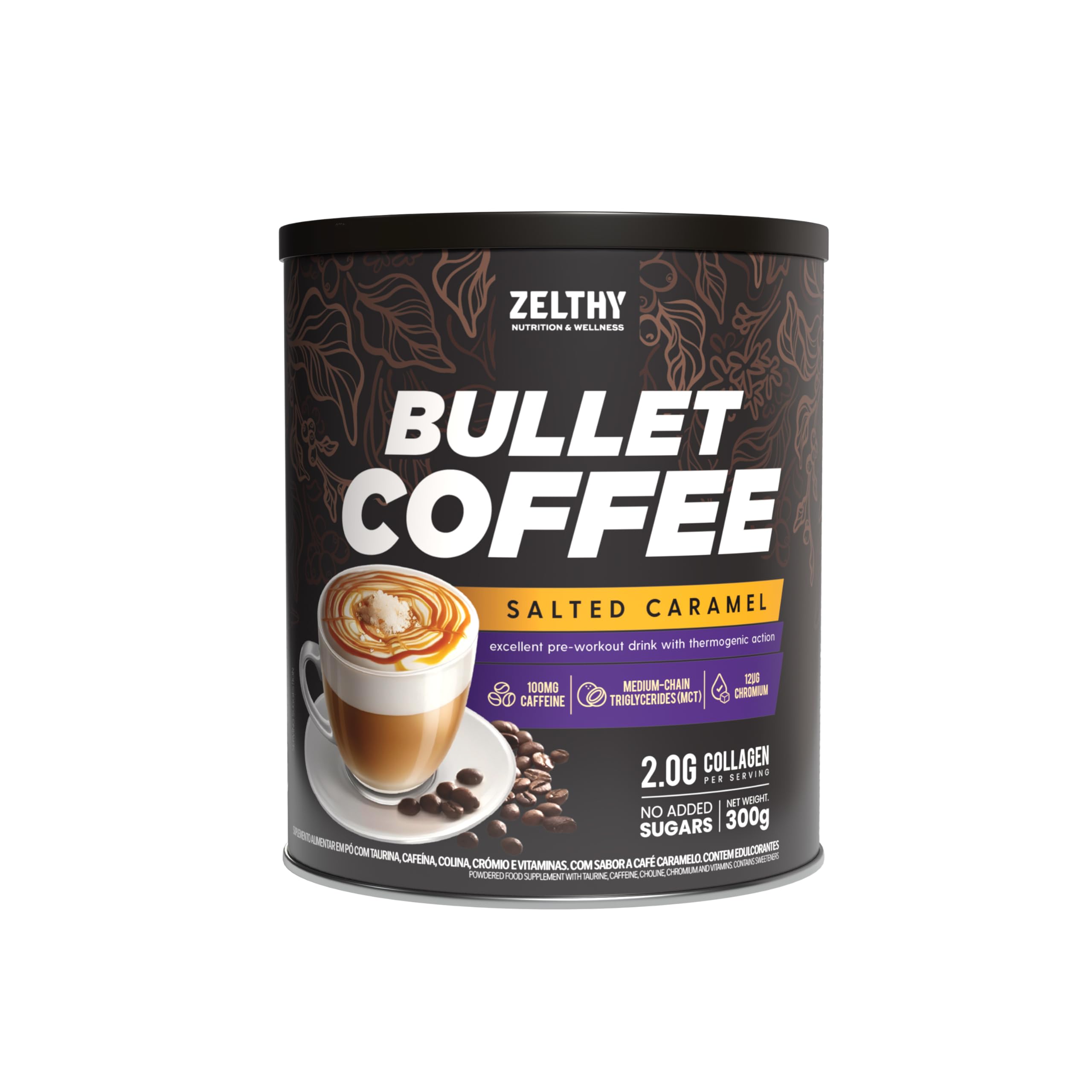 Zelthy Nutrition Bullet Coffee – Caffè funzionale con MCT, collagene e taurina – 300 g polvere senza zuccheri (Caramello salato)