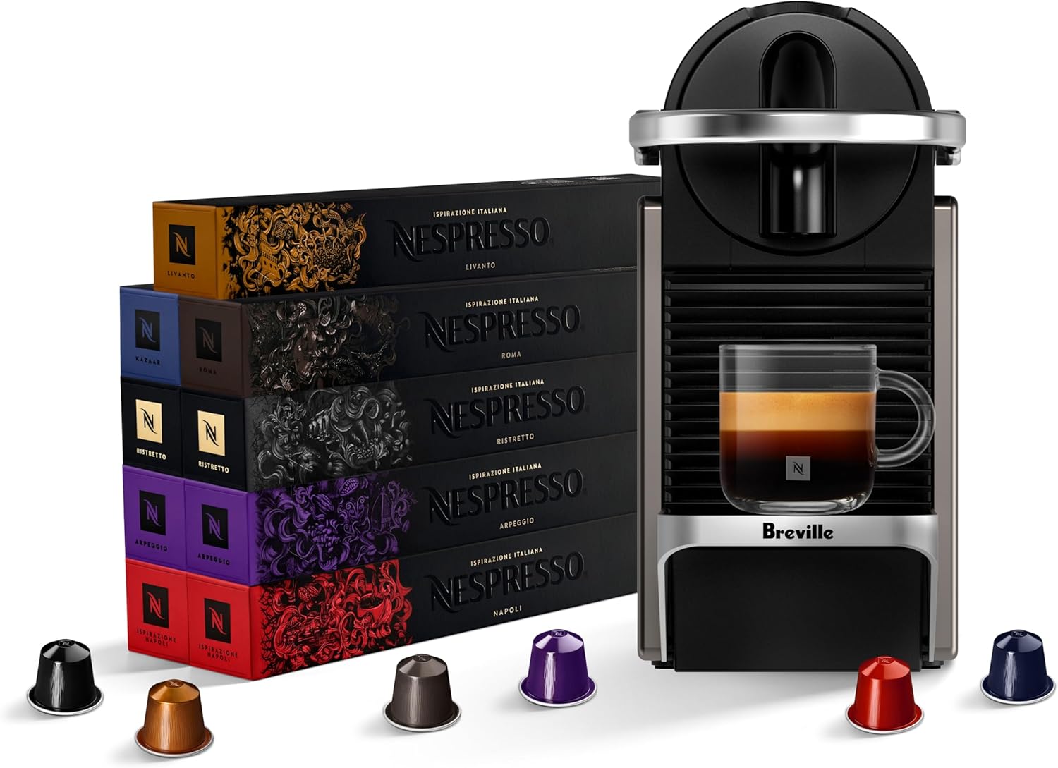Nespresso Pixie Single Serve Espresso Machine by Breville & Nespresso Original Pods, Italian Bestsellers Mixed Pack of 90 Capsules