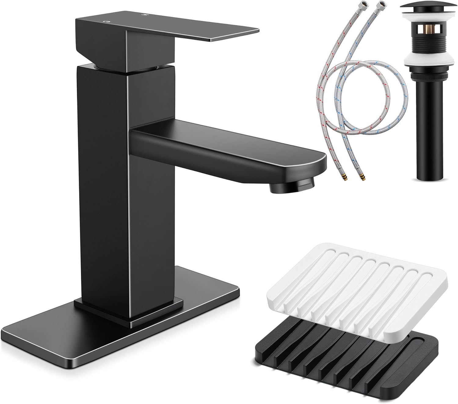 Bathroom Sink Faucet, Herogo Matte Black Stainless Steel Bathroom Faucet with Pop-up Drain & Soap Dishes, Single Handle, for 1 or 3 Hole RV Farmhouse Vanity Lavatory Sinks
