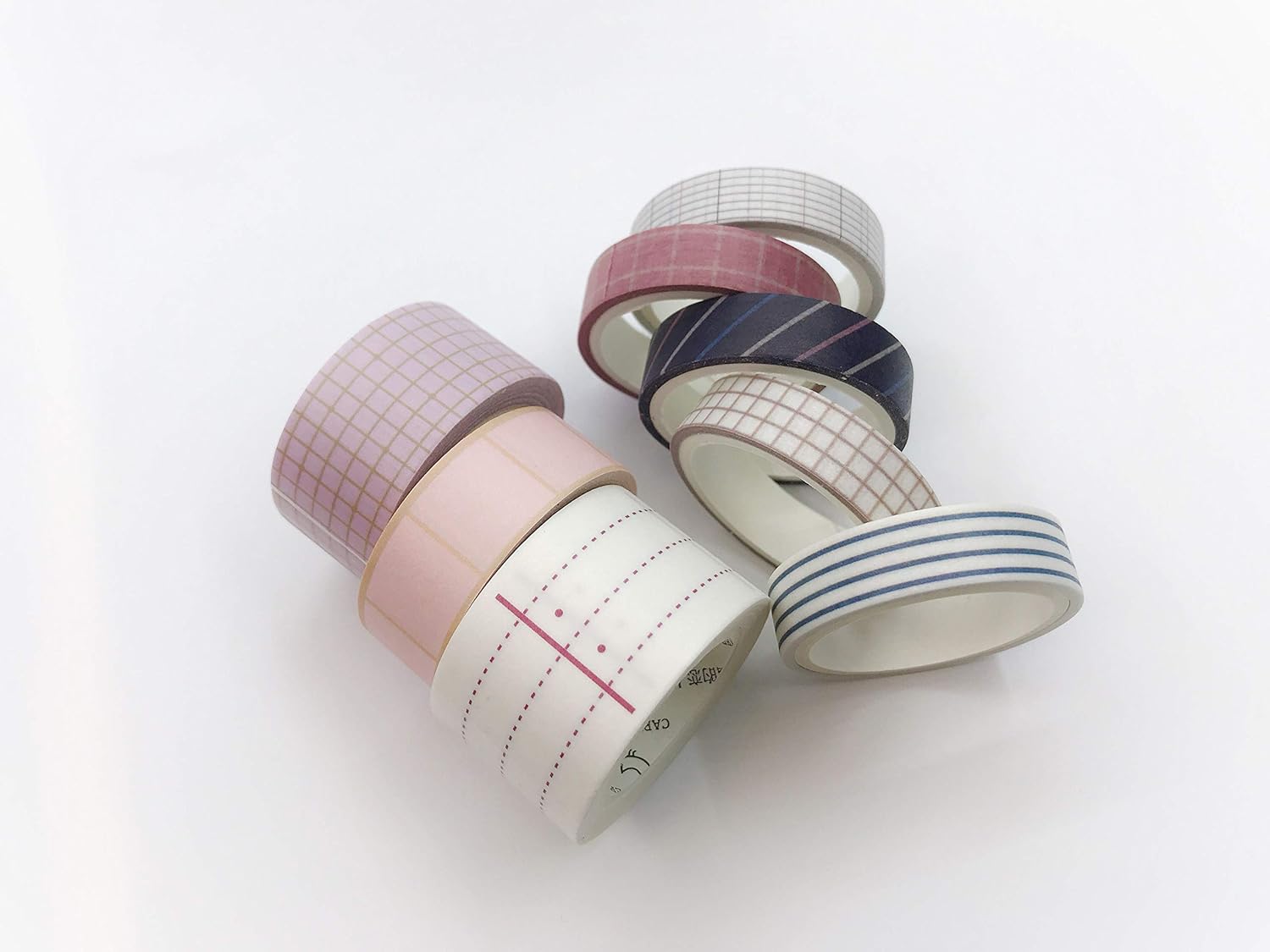 50% Off Discount Clearance!! Stripes and Grid Patterned washi Tape Set of 8 Rolls for scrapbooks, Crafts, Cards, Invitations, Temporary Wall Paper Borders, and Decorating. Each roll is 197 inches Long