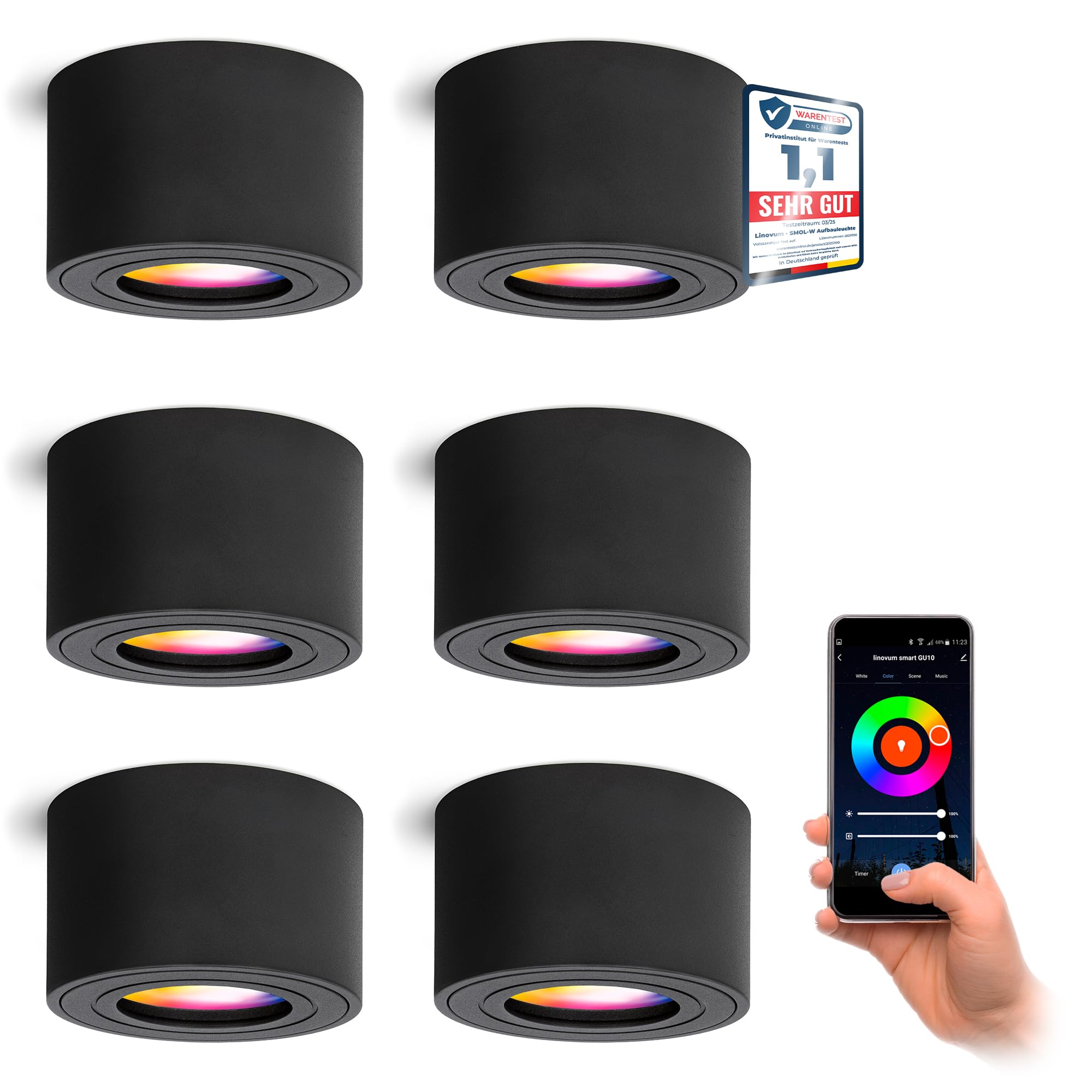 linovum SMOL Aufbauspot 6er Set schwarz rund IP44 Smart LED WLAN RGBW App
