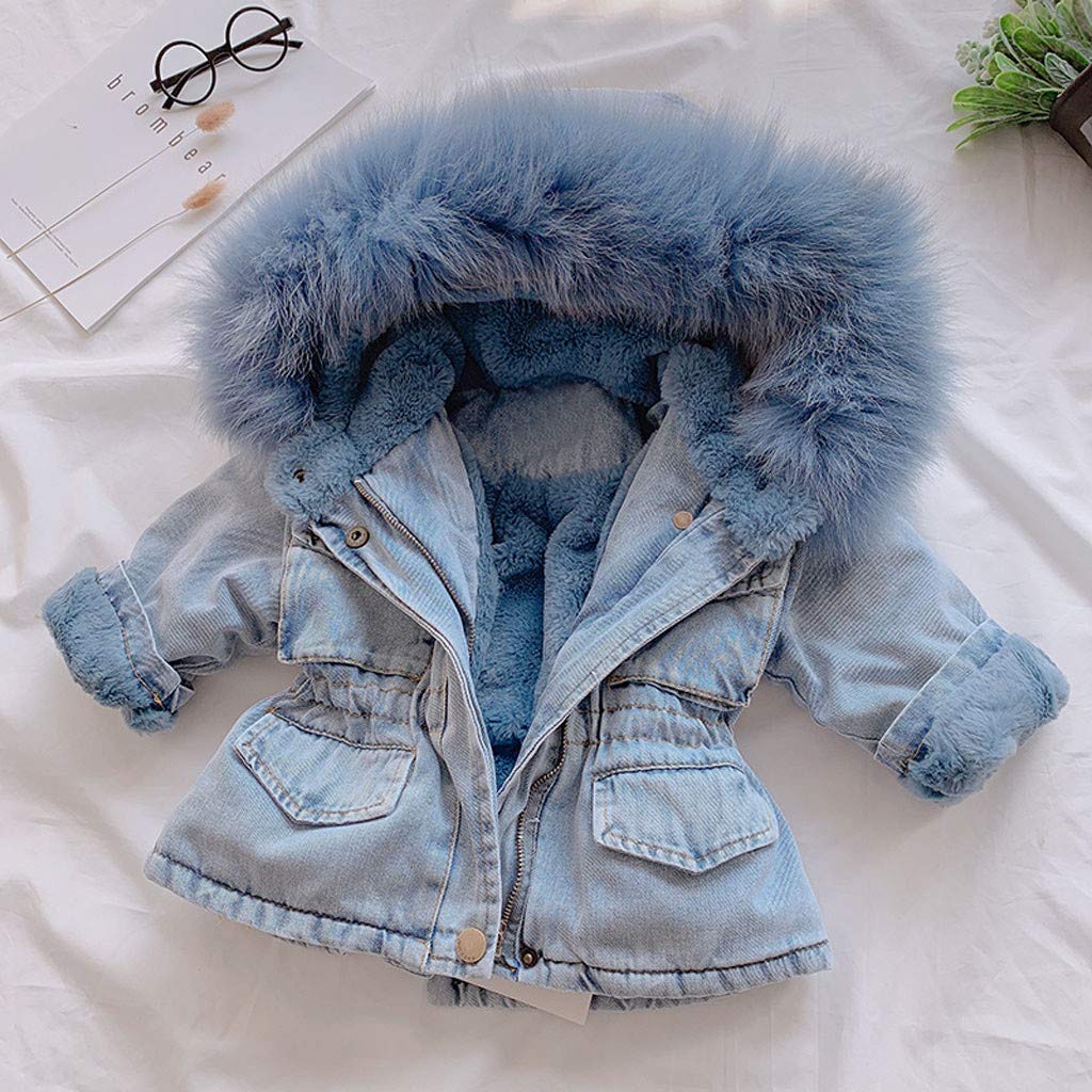 Enfants Fille Manteau dn Denim Manches Longues à Capuche avec Col Fourrure Veste en Jean Rembourré Blouson de Fille Chaude d'hiver avec Fermeture éClair pour Âge 1-6Ans