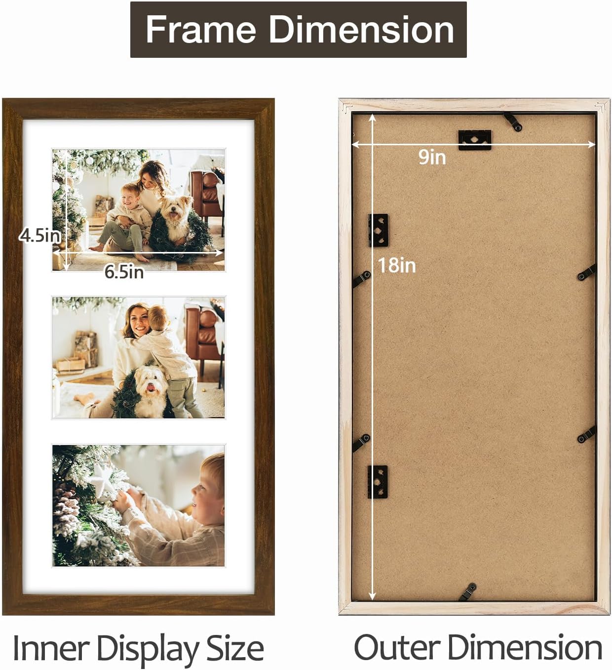 Golden State Art Three 5x7 Collage Picture Frame - Solid Wood with Tempered Glass - Multi Picture Frame Display Three 5x7 Photos with Mat - or One 9x18 Frame Without Mat for Wall Decor, Brown - Image 5