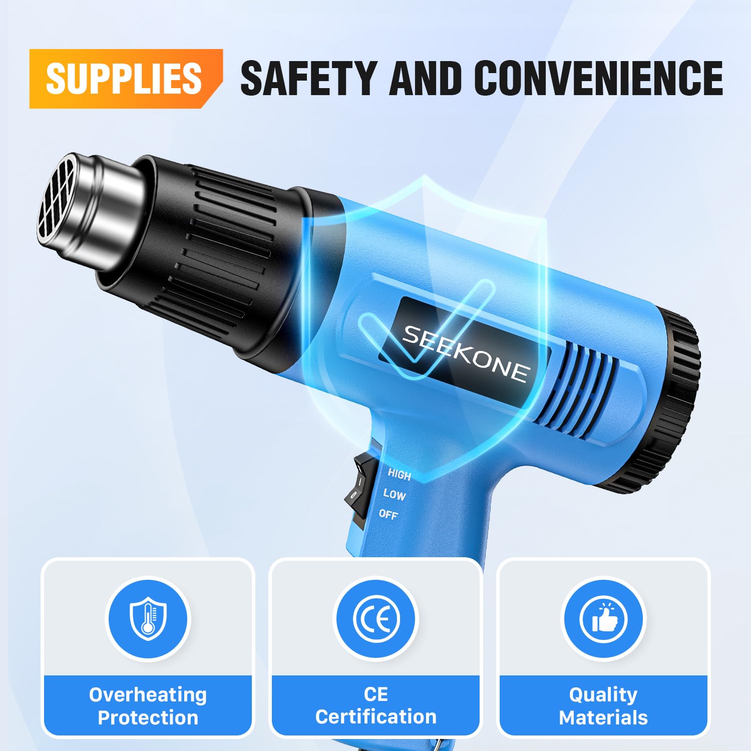 SEEKONE Pistola de Calor 2000W, Pistola de Aire Caliente con Ajuste de Temperatura Dual de 300℃/600℃, Decapador con Protección Contra Sobrecalentamiento y 4 Boquillas, para Encoger PVC