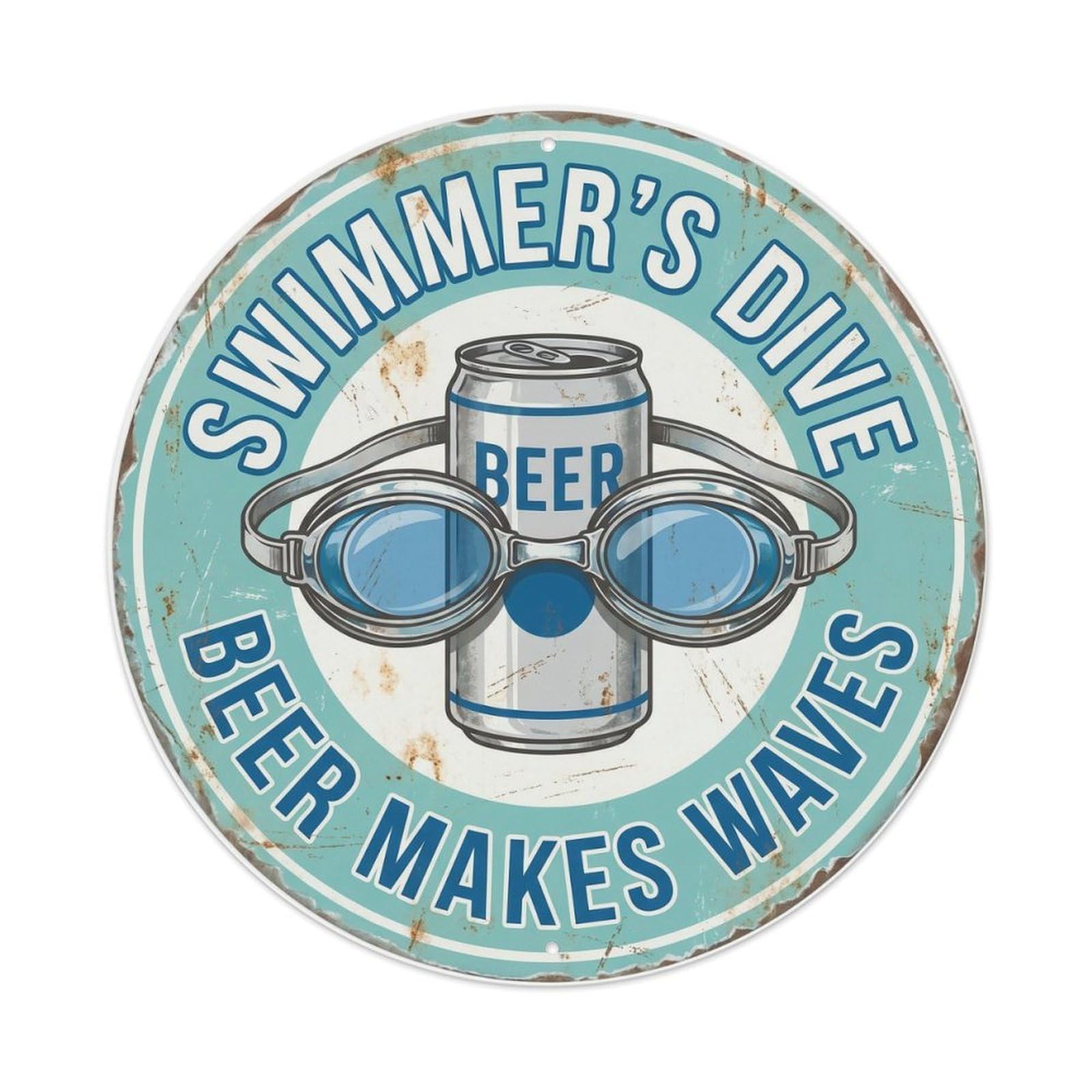 Retro Bar Swimmer Pool Lounge Beer Metal Tin Sign Plaque Wall Decor for Cafe, Club Bar, Office, Home Garden Round Metal Poster 8x8Inch