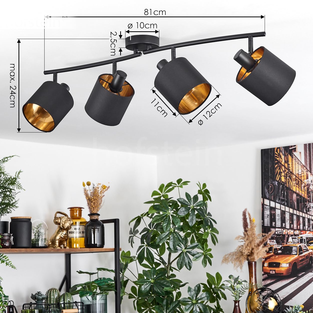 Alsen lámpara de techo, lámpara de techo de metal/tejido en negro/oro, con focos ajustables y brazos de lámpara, spot, 4 x E14, sin bombilla