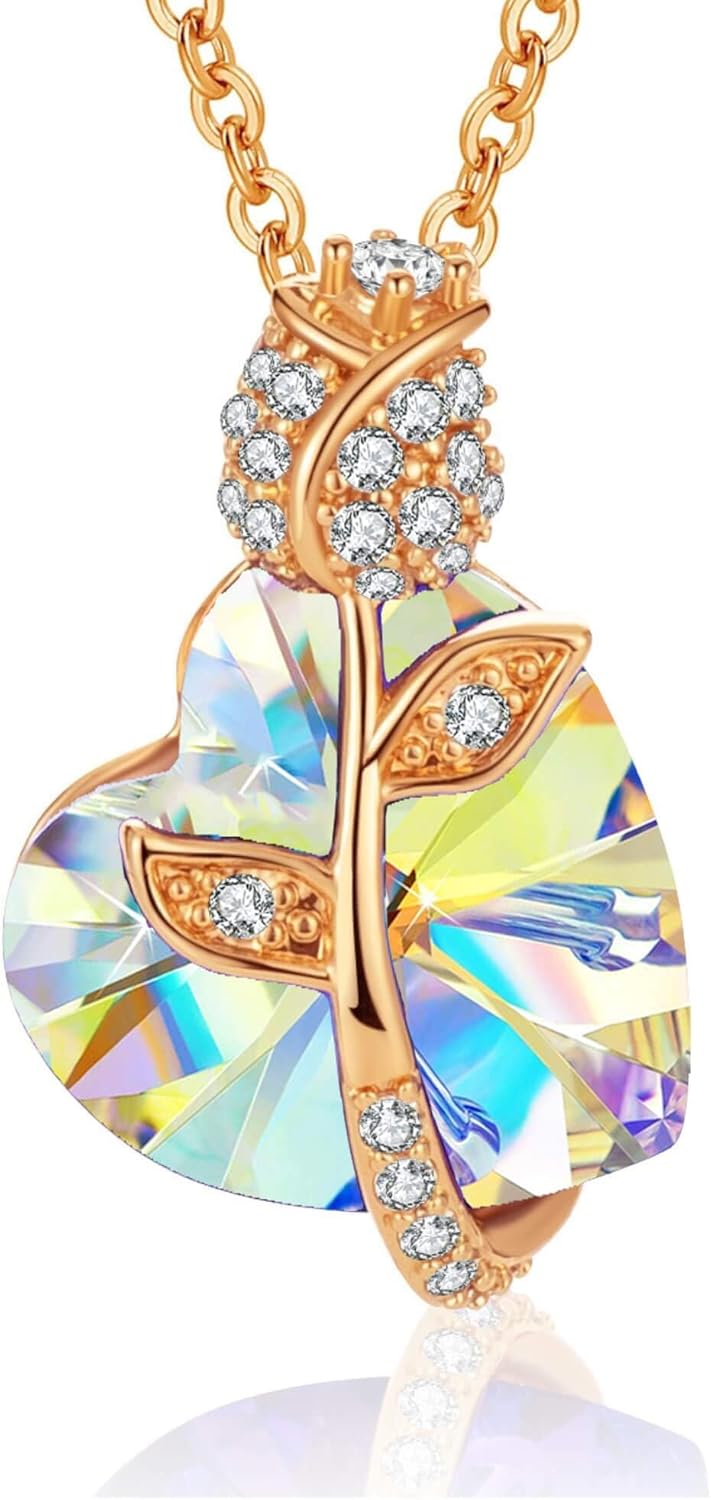 Austrian Crystal Heart Rose Flower Pendant Necklaces for Women Fashion 14K Gold Plated Dainty Necklace Hypoallergenic Jewelry
