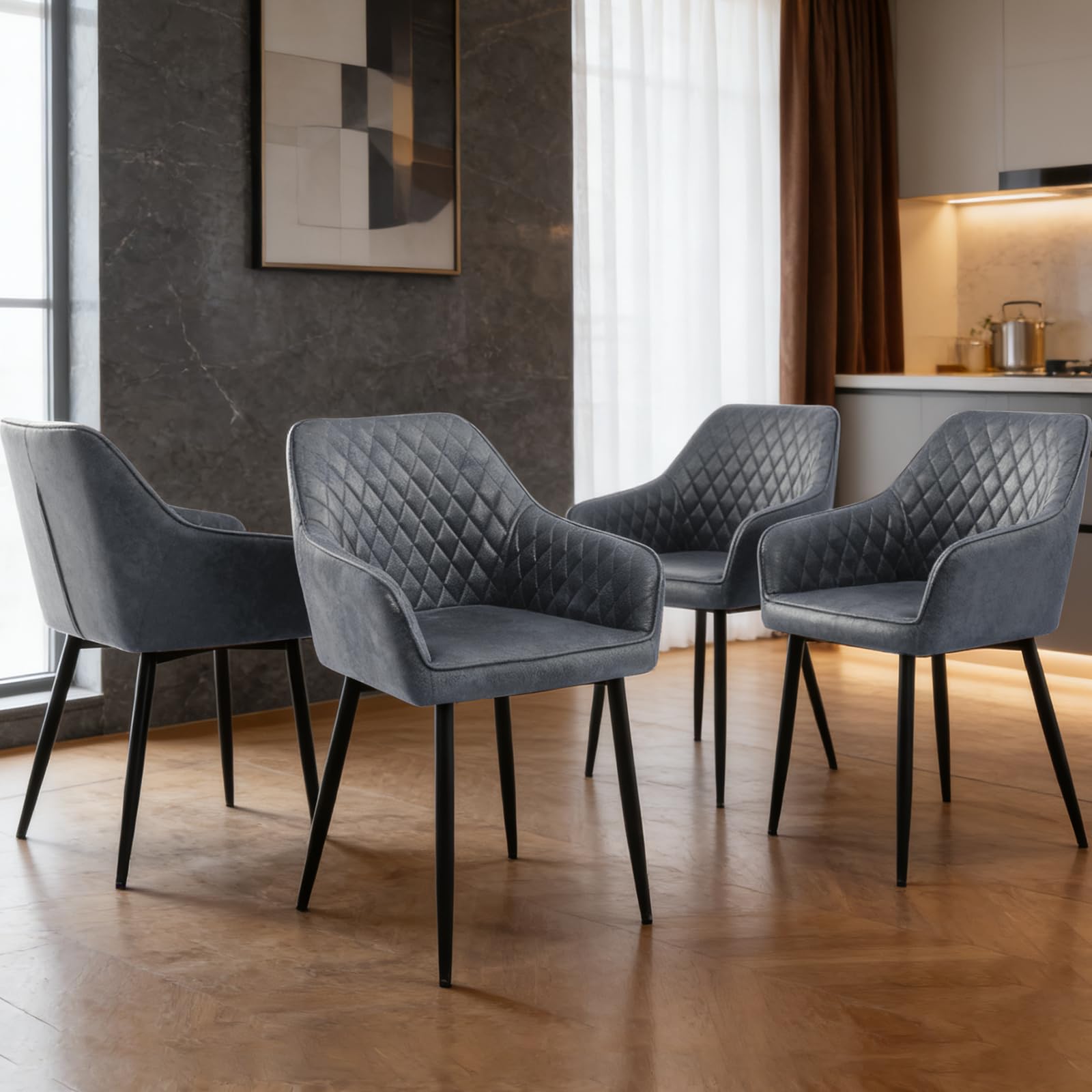 ZOONFA Set of 4 Upholstered Dining Chairs Suede Kitchen Chairs with Padded High Back Armchair with Black Metal Legs Tub Chair for Dining Room Living Room (Dark Grey)