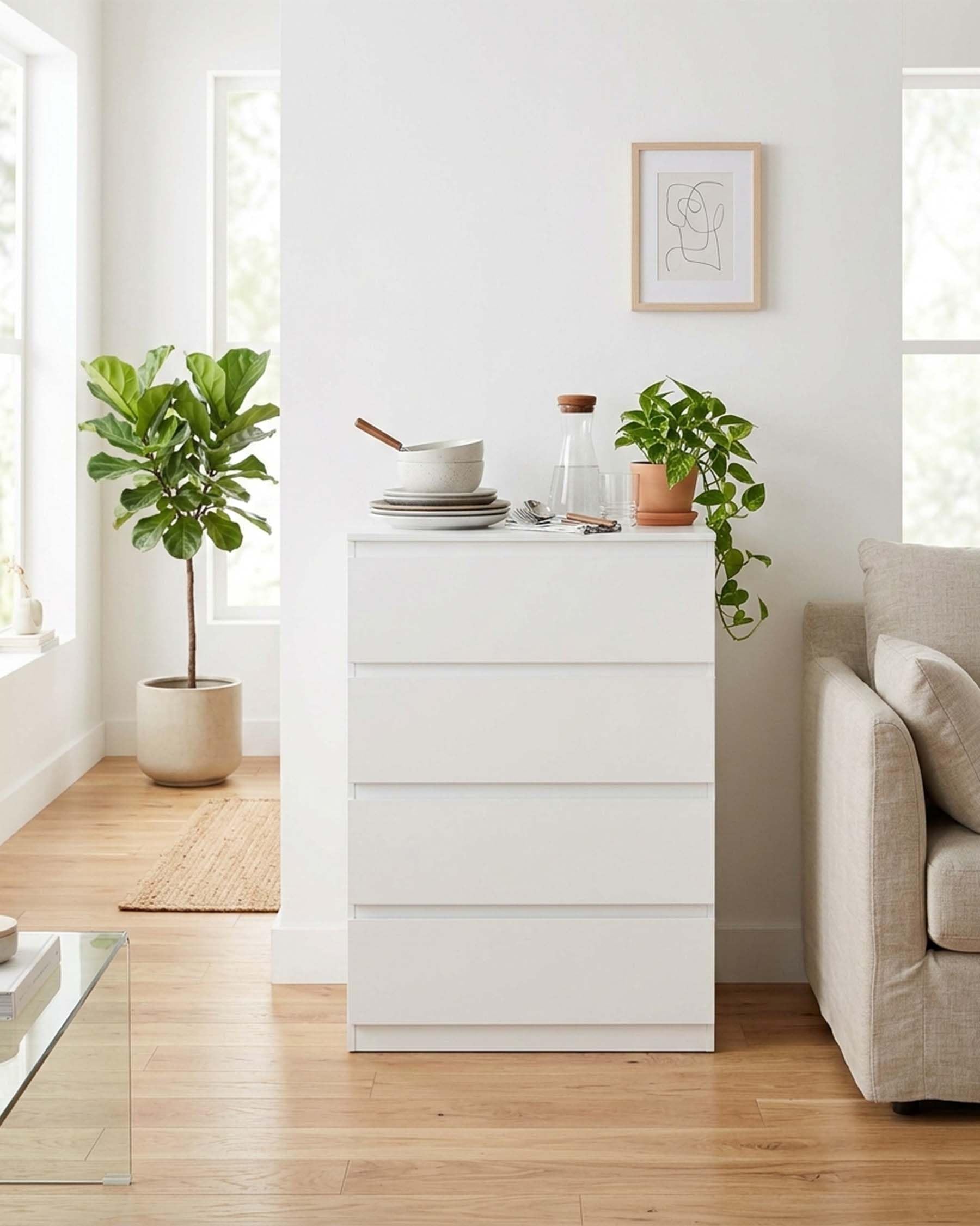 Amveya Kommode mit 4 Schubladen Weiß Moderner Schubladenschrank 60 cm Breit Kommodenschrank Schmal Highboard für Schlafzimmer Flur & Büro 60x40x98 cm Küche, Haushalt & Wohnen