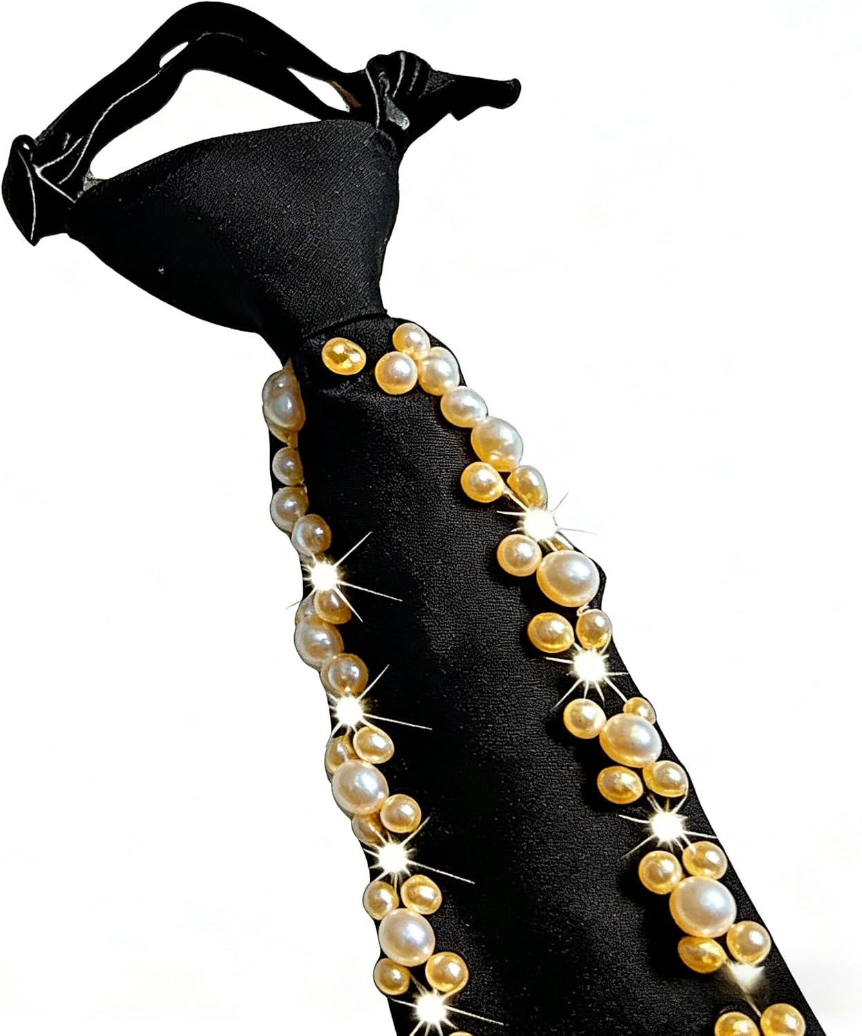 Women Faux Pearl Bow Tie, Black Silk Necktie, Adjustable Pre-tied Neck Tie with Rhinestones, Formal Wear for Women