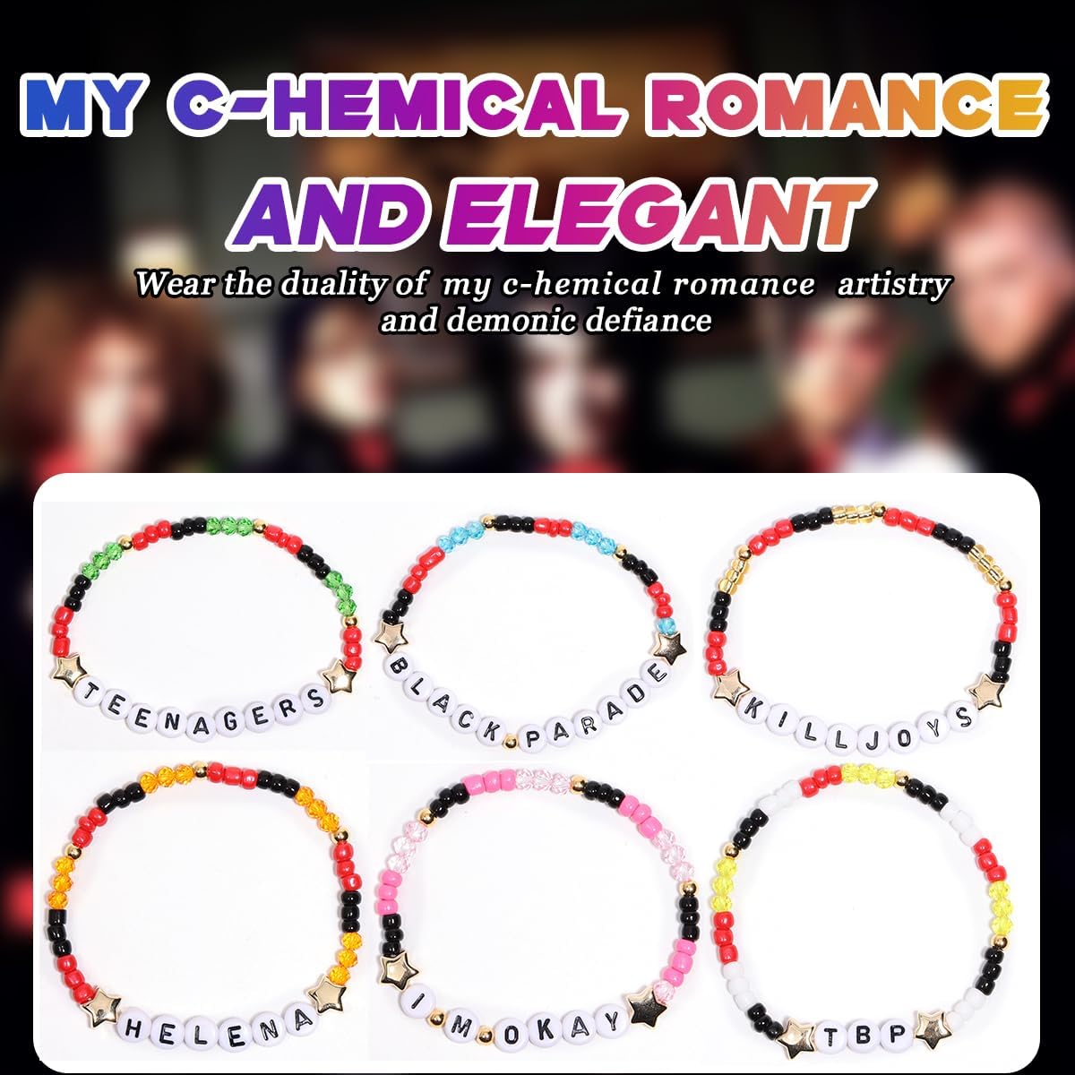 AICase for My Chemical Romance Merch Gifts Inspired Bracelets 6 Pcs Stackable Stretch Beaded Friendship Bracelets Concert Outfit Vinyl Poster Sticker Merchandise Gifts for Fans Women Birthday Christmas - Image 4