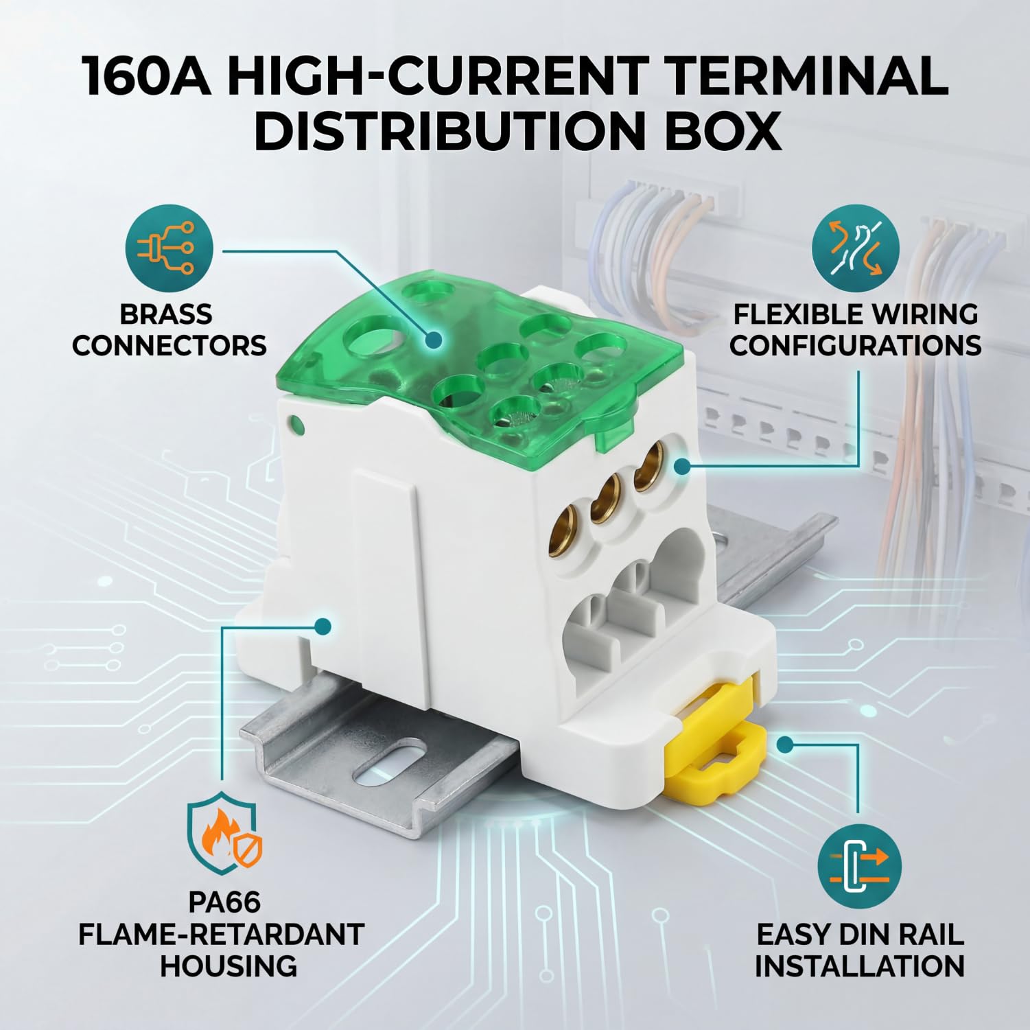 Caja de Conexiones del Poder del Bloque de Terminales del Carril DIN para la Electricidad, Caja de Distribución Terminal 160A (Verde)