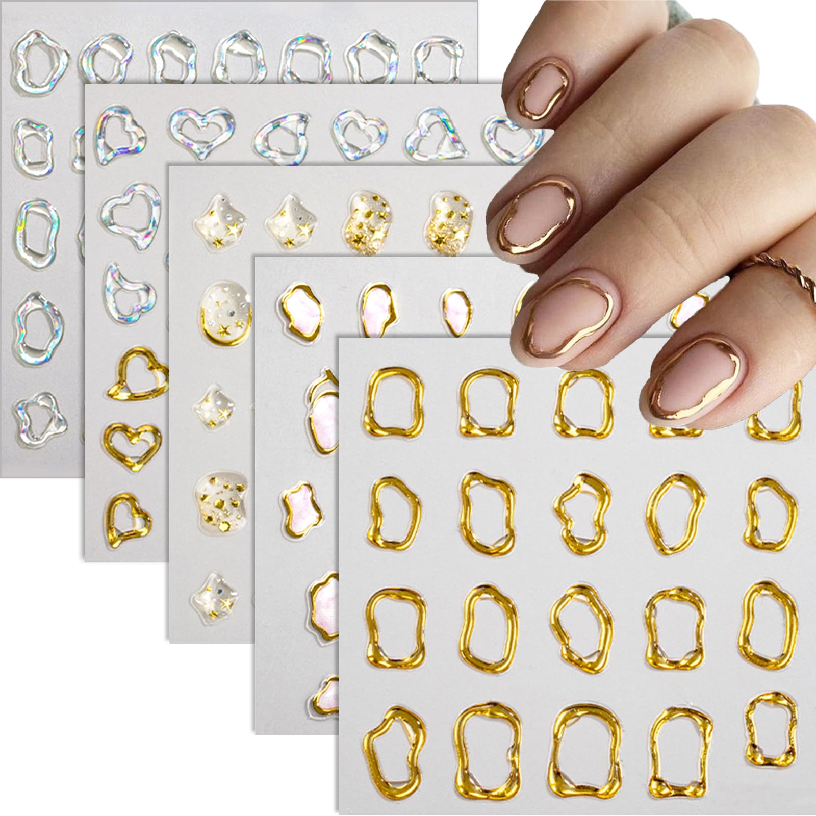 5D Gold Embossed Nail Art Stickers Decals Crystal Soft Glue Irregular Geometric Frames Nail Stickers Heart Hollow Designs Nail Decals Self Adhesive Nail Supplies Acrylic DIY Nail for Women Nail Decoration 5 Sheet