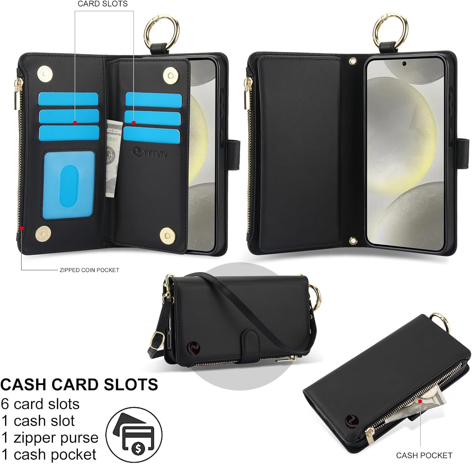 for samsung galaxy s24 plus case wallet with rfid blocking card holder and shoulder strap wrist strap, multi-function stylish ring zipper purse case for galaxy s24 plus 6.7'', black galaxy s24 plus black