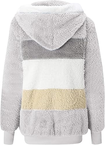 Miniatura 5 de DOLKFU Womens Fuzzy Fleece Coats Color Block Patchwork Hooded Jacket Oversized Fluffy Sherpa Fur Long Sleeve Outerwear