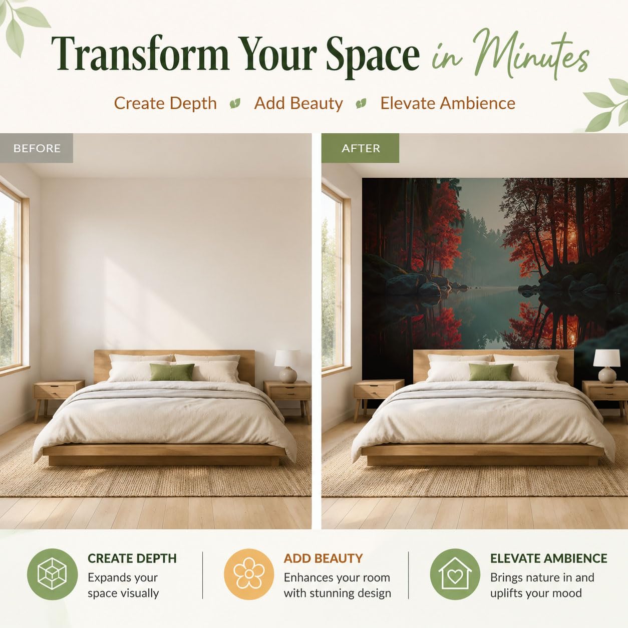 CECE&COLE Waldlandschaft Panorama-Tapete Orangerot | 400×280 CM, Seide, Ahornwald Stilles Wasser Sonnenuntergangsglühen XXL-Poster, Wanddeko für Schlafzimmer, Wohnzimmer