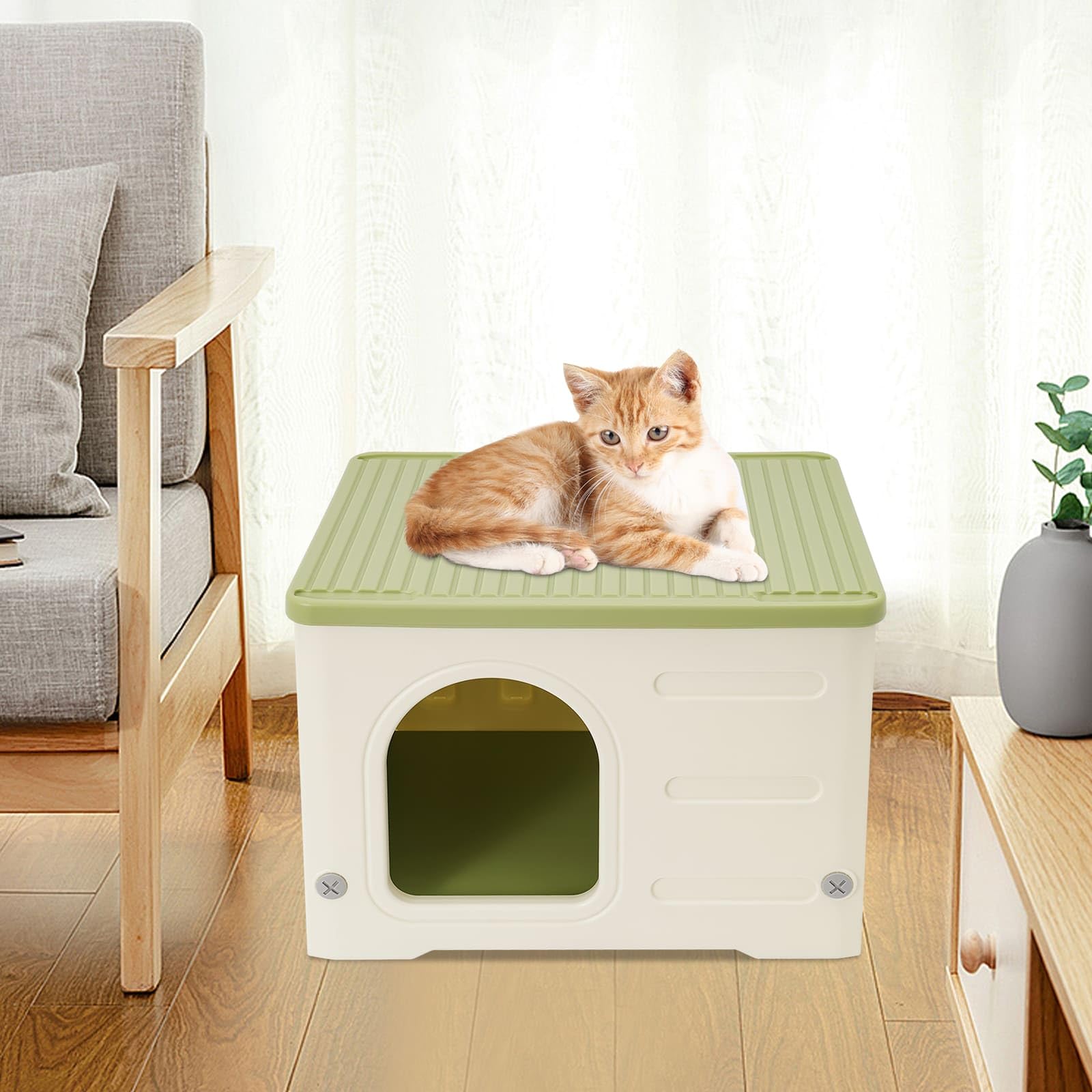 Maison pour Chat en HDPE, L53 x P41 x H38,3cm, Étanche et Robuste, Facile à Nettoyer, pour Intérieur et Extérieur (Vert, Moyen)