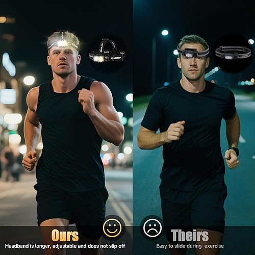 Miniatura 5 de Paquete de 3 faros LED recargables, lámpara de cabeza súper brillante de alto lumen con luz roja, sensor de movimiento, 5 modos, ajustable a 90,