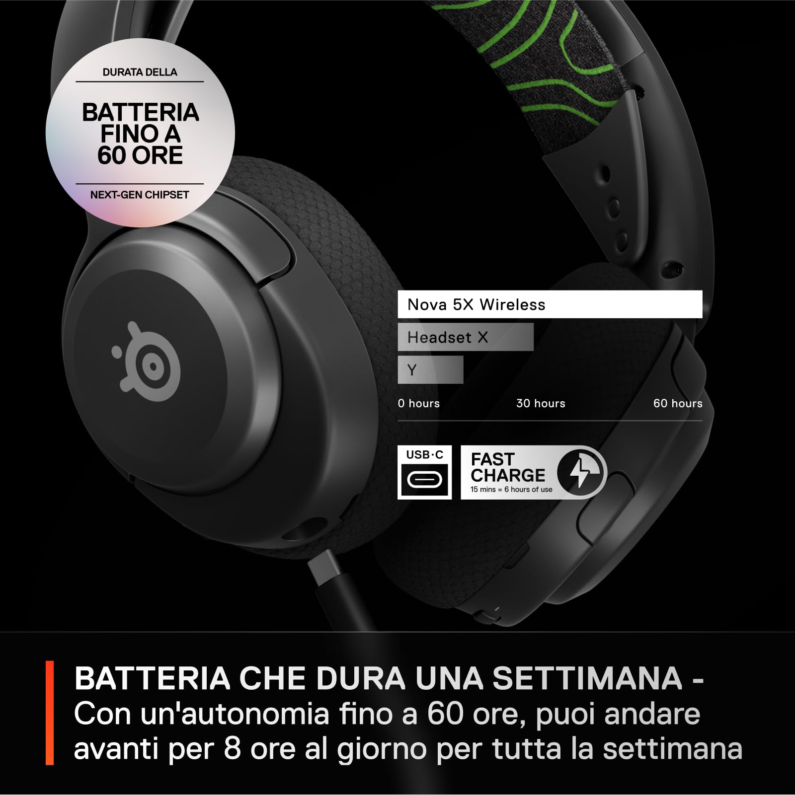 SteelSeries Arctis Nova 5X Cuffie Xbox Wireless Driver Magnetici Neodimio 100+ Preset Audio Batteria 60HR 2.4GHz BT Microfono ClearCast Gen2.X Xbox PS5 PC Cellulare