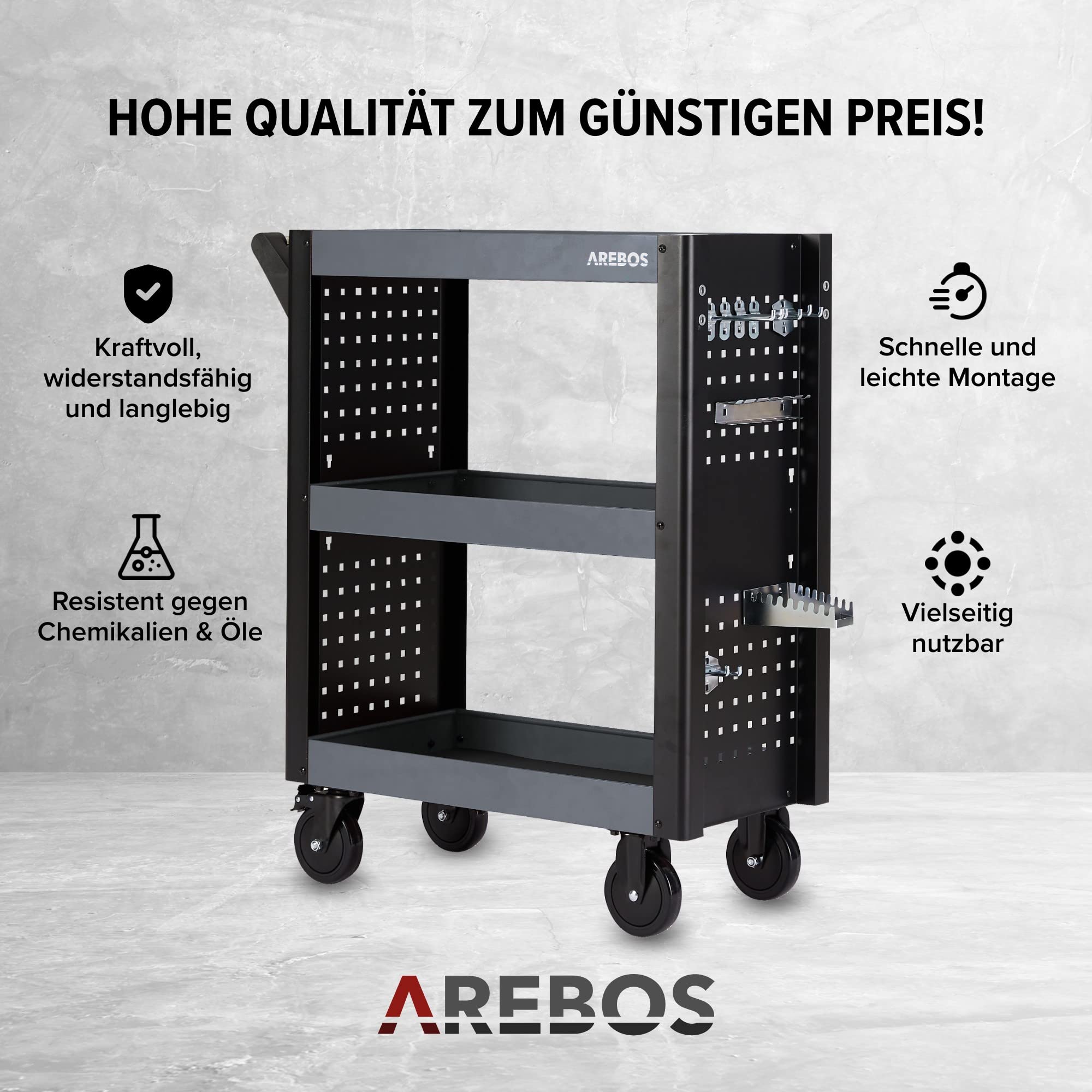 Arebos Servicewagen 3 Fächer | Werkstattwagen | Werkzeugwagen | Rollwagen für Transport und Lagerung | Multifunktionaler Etagenwagen | Allzweckwagen | 18-teiliges Hakenset | Anthrazit/Schwarz