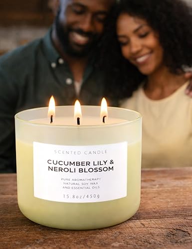 Miniatura 3 de Vela perfumada de soja de 3 mechas de lirio de pepino y neroli, 15.8 onzas, vela de aromaterapia fresca de spa, vela perfumada grande para el hogar,