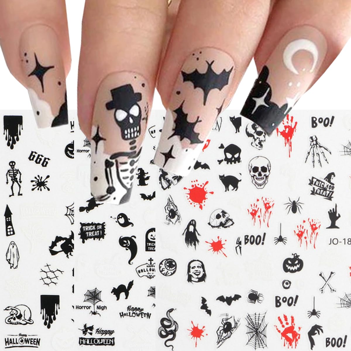 Photo 1 of 4 Sheets Halloween Nail Stickers for Nail Arts, 3D Nail Decals Self-Adhesive Nail Art Supplies for Nail Designer, Nail Tattoos for Women Girls, pegatinas para uñas with Spider Web Pumpkin Lips Skul Ghost Bat Patterns Nails Accessories.