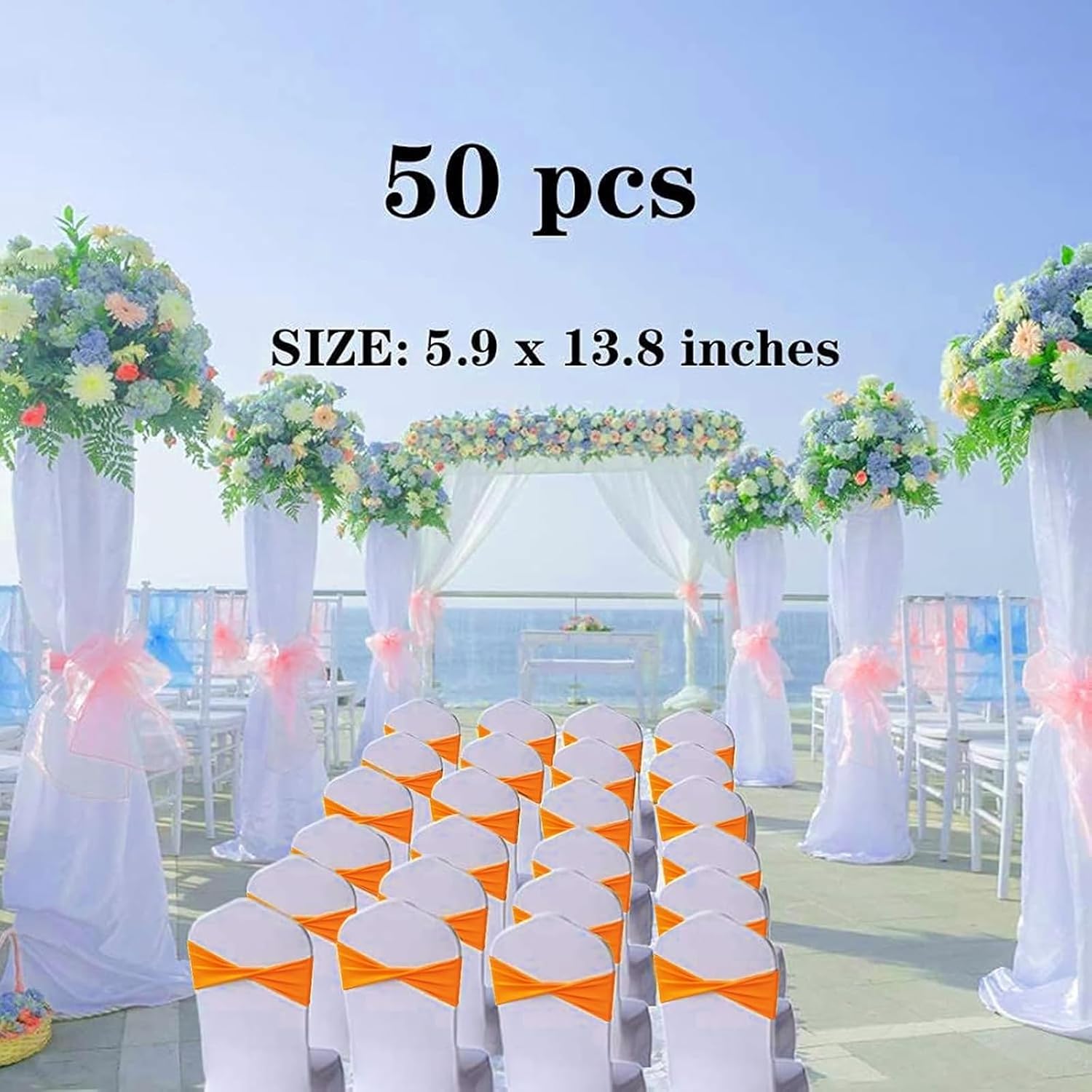 50 PCS 50 PCS Bright Yellow Spandex Chair Sashes - Stretch Elastic Bands for Wedding Party Banquet Graduation Events Decoration (Yellow)