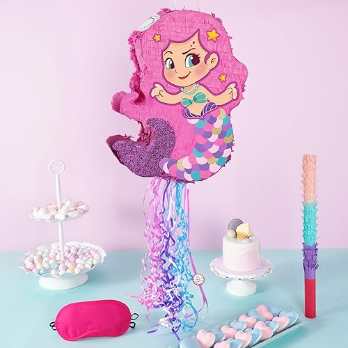 Miniatura 264 de WERNNSAI - Piñata de sirena plegable, piñata de cumpleaños con flecos que incluye cuerda para jalar, venda y bate. Decoraciones