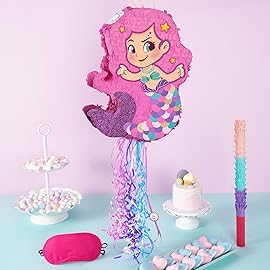 WERNNSAI Foldable Mermaid Pinata - Pull String Mermaid Birthday Party Supplies Extendable Mermaid with Blindfold Bat and Tassels Mermaid Party Decoration Folding Mermaid Girl Piatas for Game