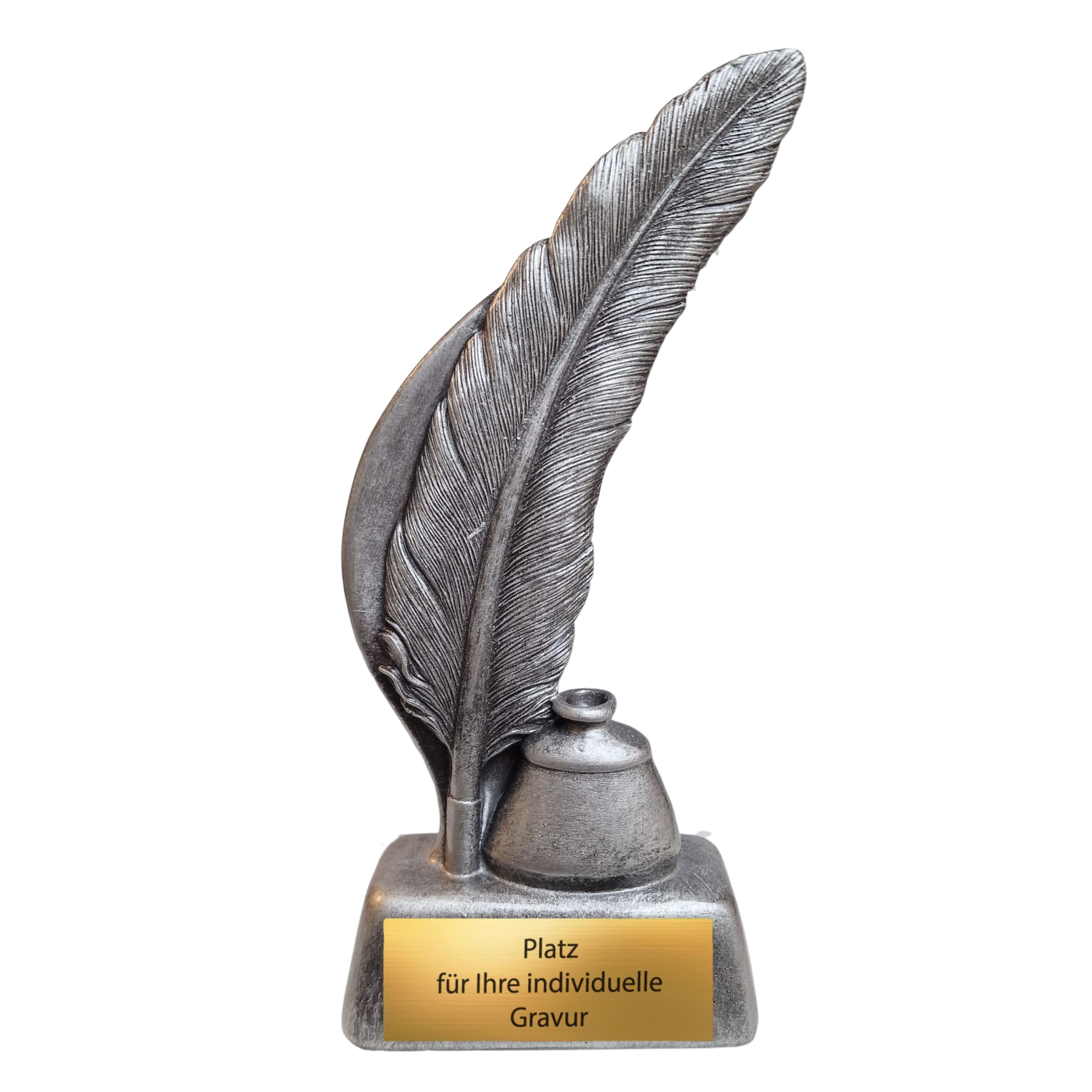 Schreibfeder Pokal aus Resin 20 cm hoch – stilvolle Resinfigur mit Gravurschild – Award für Autoren Absolventen Lehrer & Bildung – perfekt für Schulabschluss Meisterprüfung & Ehrungen
