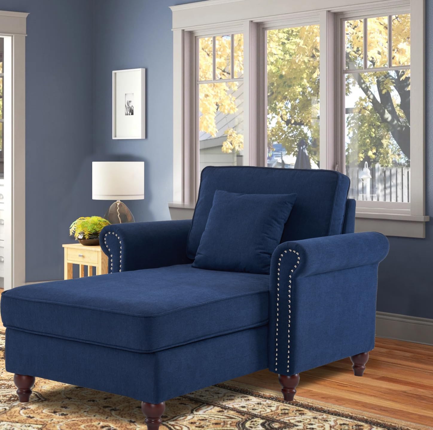 asunflower Lounge Chair Indoor Chaise Lounge 58" Modern Sleeper Chair Bed Navy Blue Comfy Fabric Chaise Chair for Bedroom, Dorm, Guest Room,Home Office