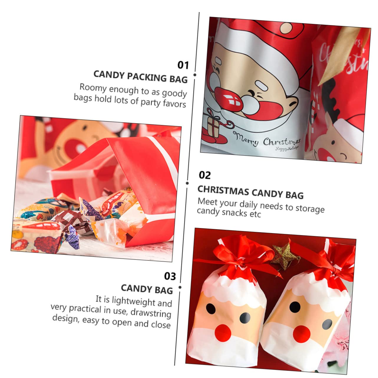 KOMBIUDA 100pezzi Sacchetti di Natale con Corda per Caramelle e Dolciumi per Feste e Regali varietà di Colori e Design Tema Natalizio