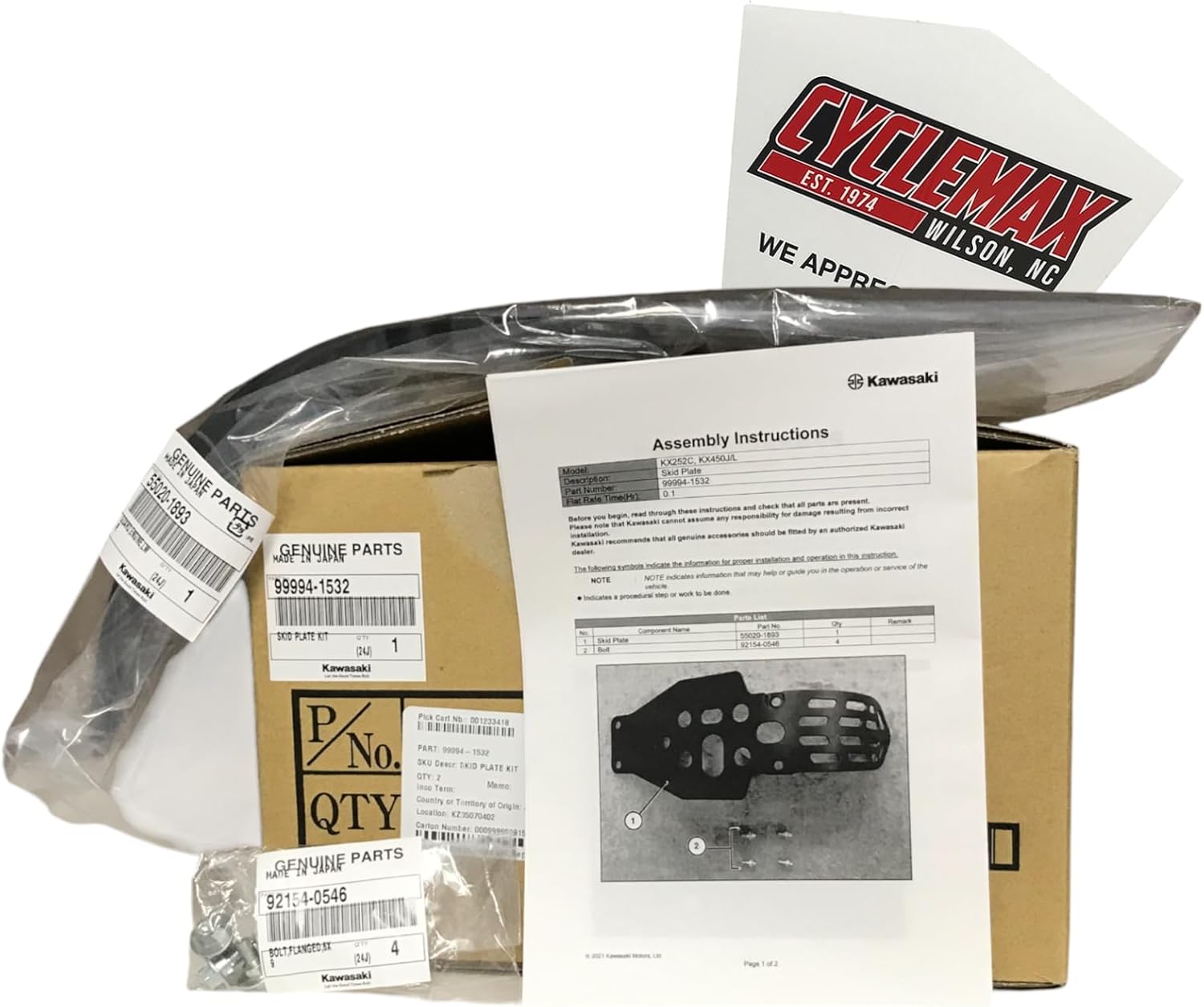Cyclemax One Pack compatible with Kawasaki NEW 2019 - 2025 GENUINE KAWASAKI KX250 KX450 X SR SKID PLATE KIT 99994-1532 Contains One SKID PLATE KIT 99994-1532 and a Funnel