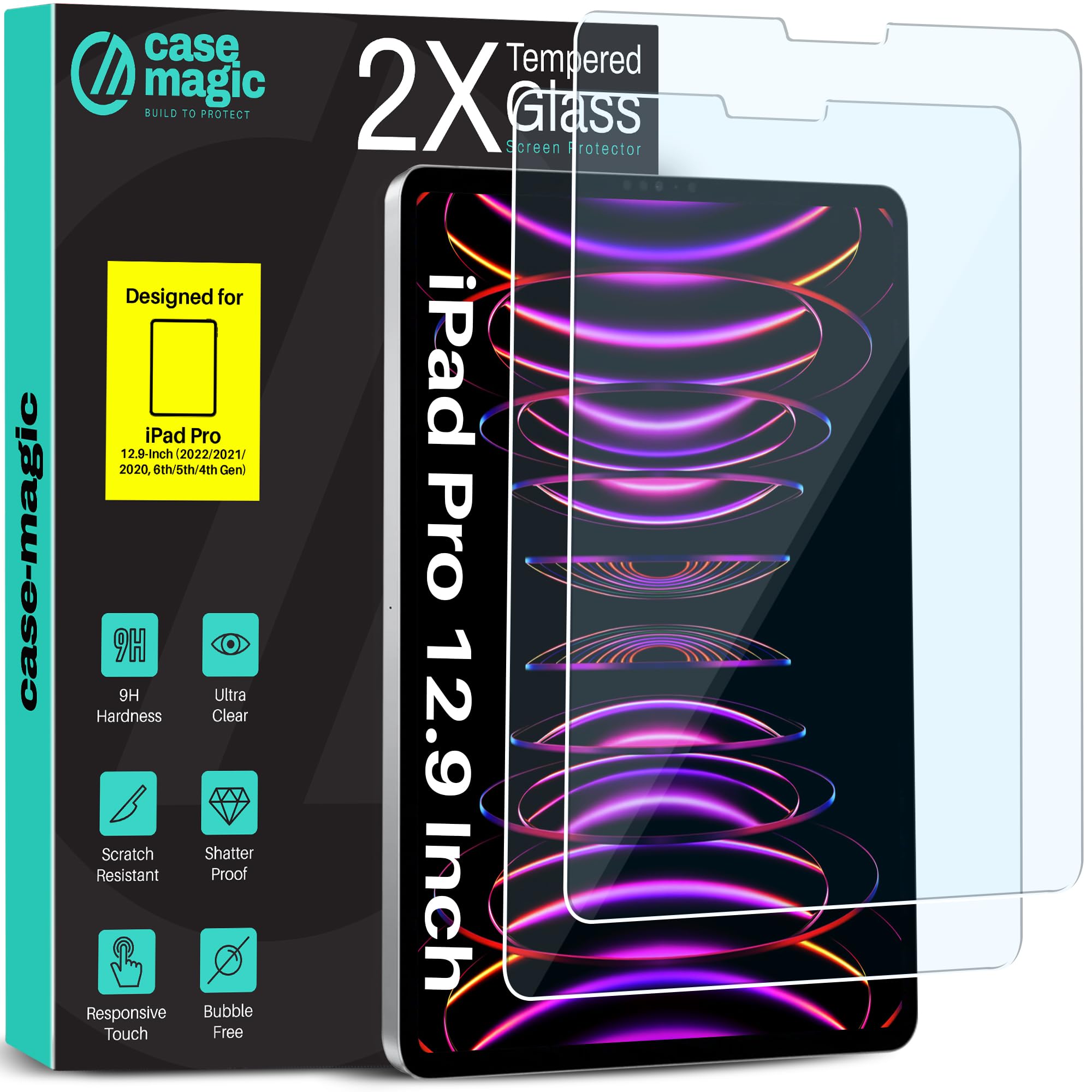 case-magic® Pack of 2 Tempered Glass for iPad Pro 12.9" (6th Gen 2022, A2764/A2437/A2766/A2436) | 9H Hardness | Anti-Glare | HD Clear | Scratch Resistant | Shatterproof | Touch Sensitive Screen Guard