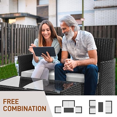 Miniatura 7 de Outvita Juego de muebles de patio de 4 piezas, juegos de conversación de ratán con sofá biplaza suave y mesa de cristal para jardín, patio, balcón,