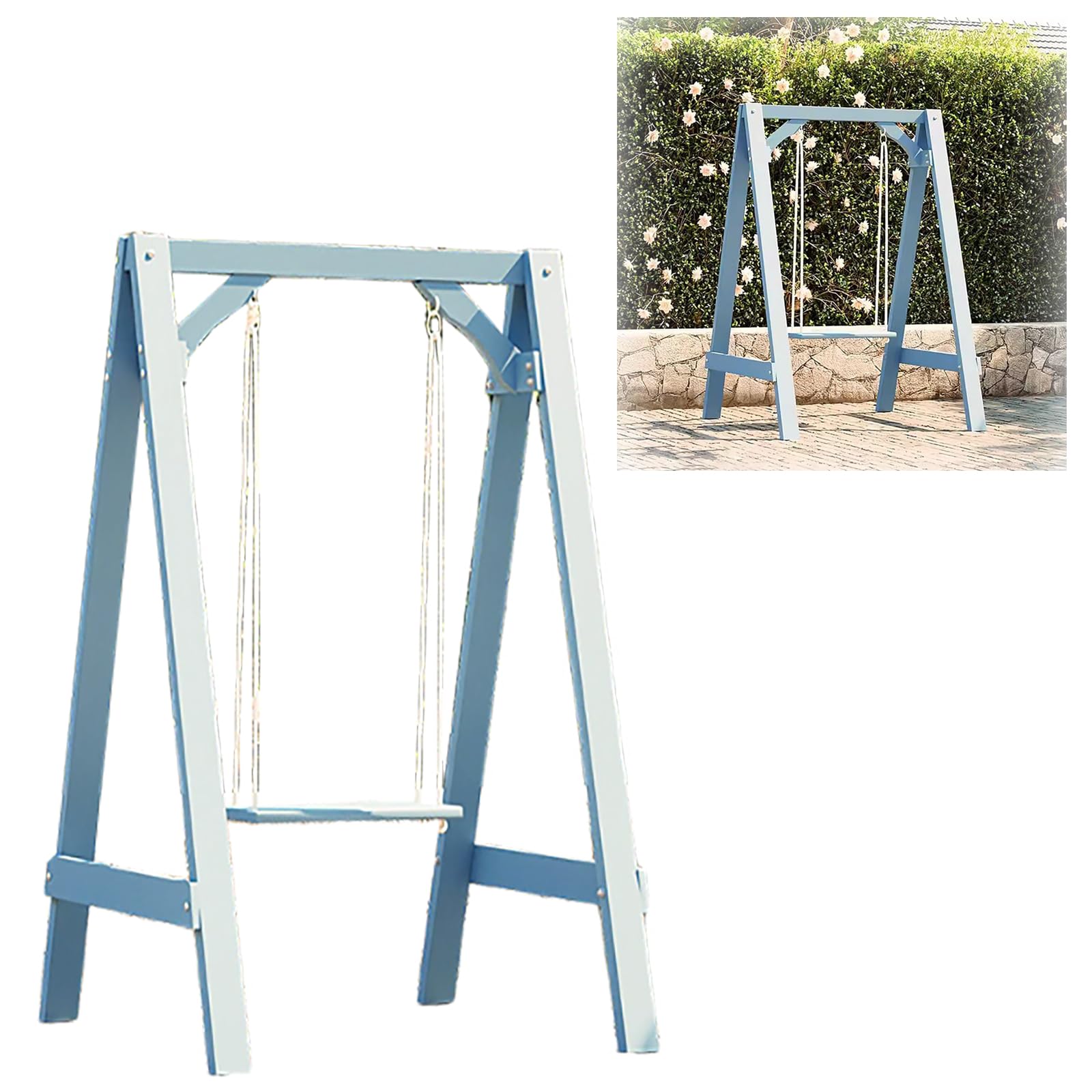 Wooden Swings Set with Frame,169 * 125 * 120cm Garden Swings Set Casual Single Adults and Children Swing Set Safe and Secure, for Indoor/Outdoor (Blue