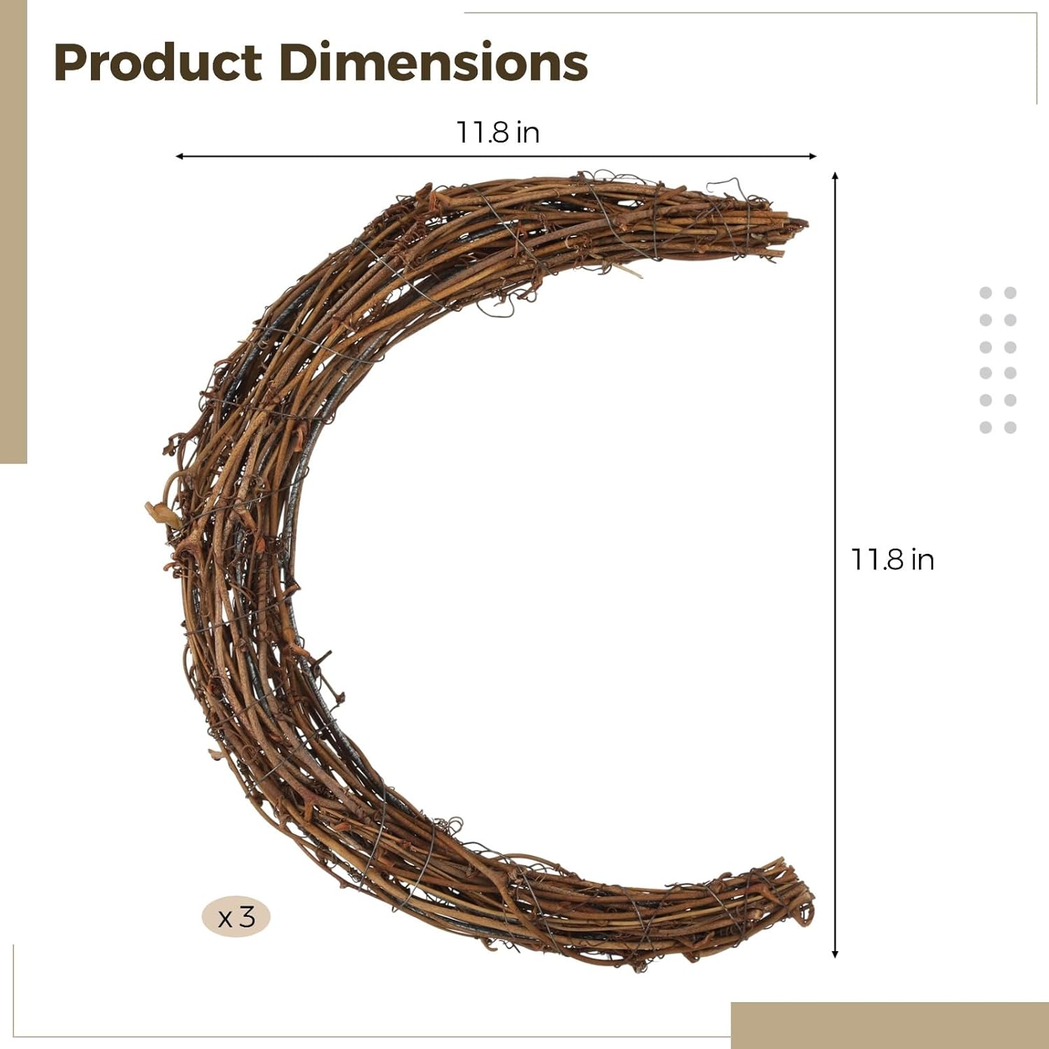 3 Pcs Crescent Moon Wreaths, 11.8 in Rattan Wreaths Base, Natural Vine, Half Moon Shaped, Perfect for Crafting, DIY Christmas, Wall Hanging, Home Decor