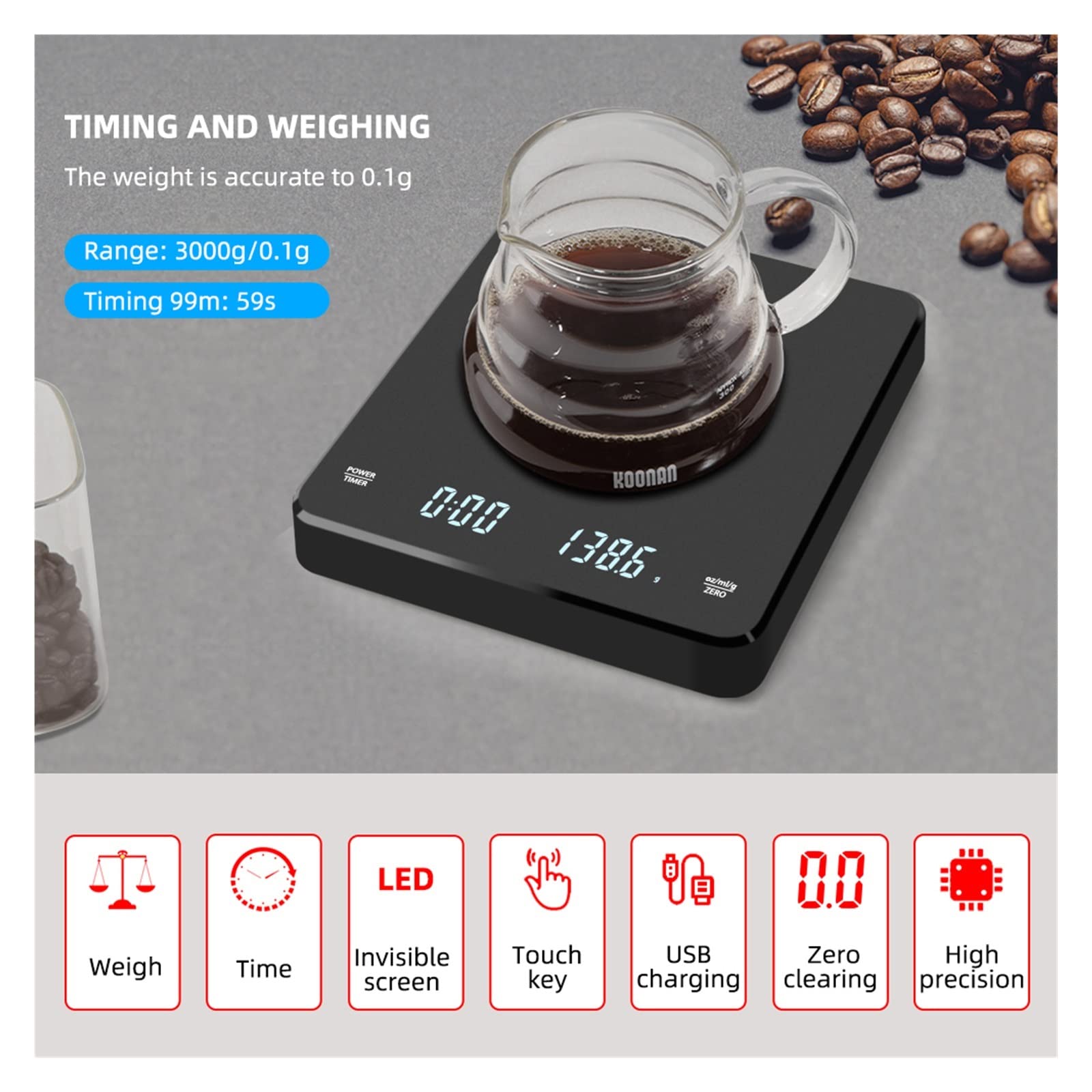 3 Kg/0.1g LED Écran Caché Minuterie Numérique Goutte À Balance Café Électronique De Haute Précision Cuisine Domestique Charge USB Mesure Précise Effort